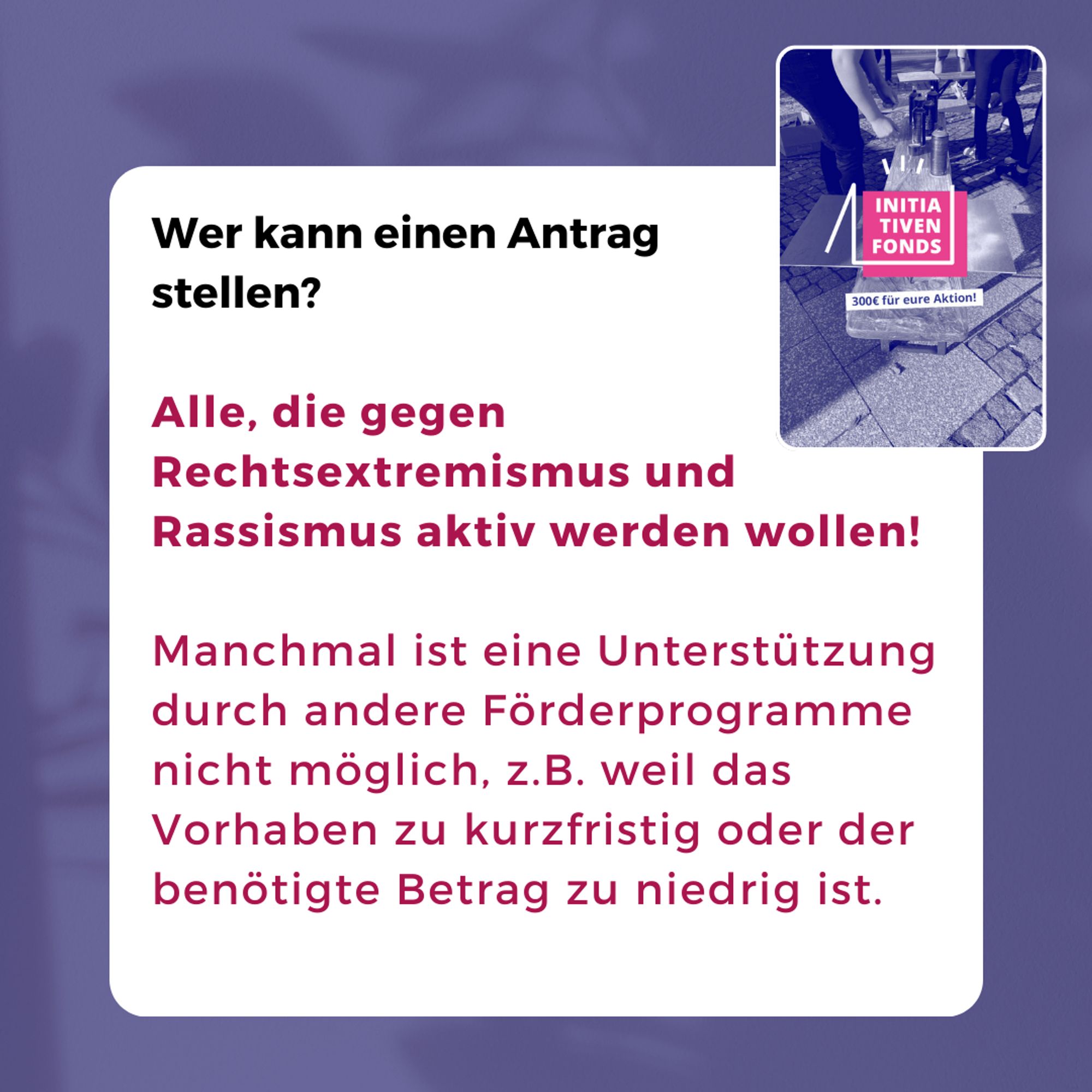 Wer kann einen Antrag 
stellen?

Alle, die gegen 
Rechtsextremismus und 
Rassismus aktiv werden wollen!

Manchmal ist eine Unterstützung durch andere Förderprogramme nicht möglich, z.B. weil das Vorhaben zu kurzfristig oder der benötigte Betrag zu niedrig ist.