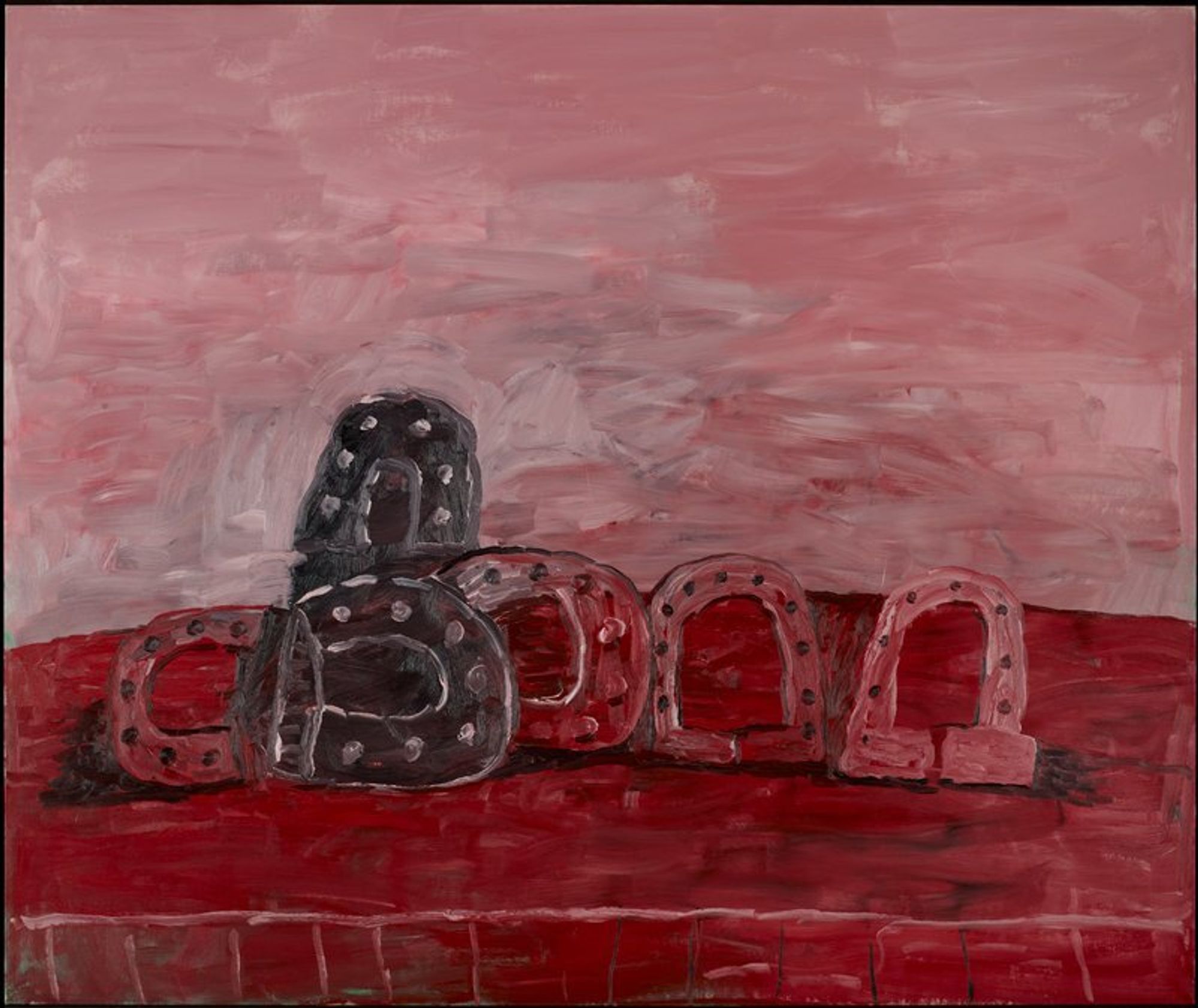 Abstraction with six horseshoe shapes.
Guston was a renowned painter of abstract art when he turned to figurative painting in the mid-1960s. "There is something ridiculous and miserly in the myth we inherit from abstract art,” he said. “That painting is autonomous, pure and for itself, therefore we habitually analyze its ingredients and define its limits. But painting is ‘impure.’ It is the adjustment of ‘impurities’ which forces its continuity. We are image-makers and image-ridden.” This statement and sentiment became a professional motto. Using a lexicon of light bulbs, shoes, cigarettes, clocks, and other consumer goods, Guston’s work becomes a contemporary poem ridden with images.