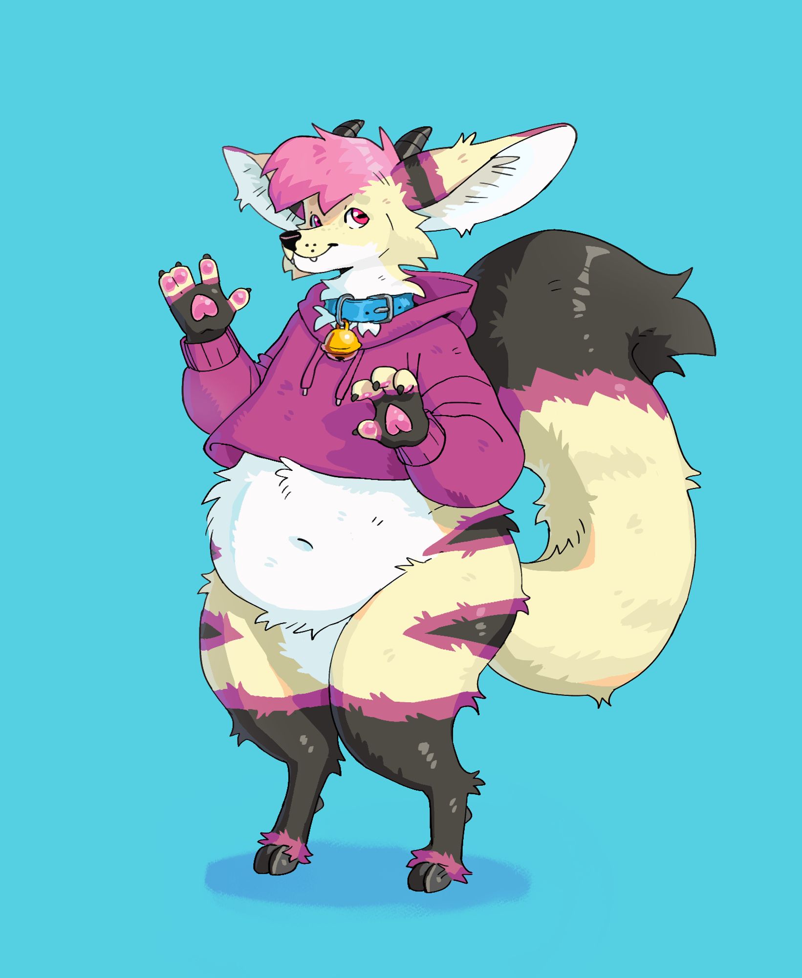 A plump pear shaped fennec goat hybrid, wearing a maroon crop top hoodie and a light blue collar with a bell, waving at the viewer