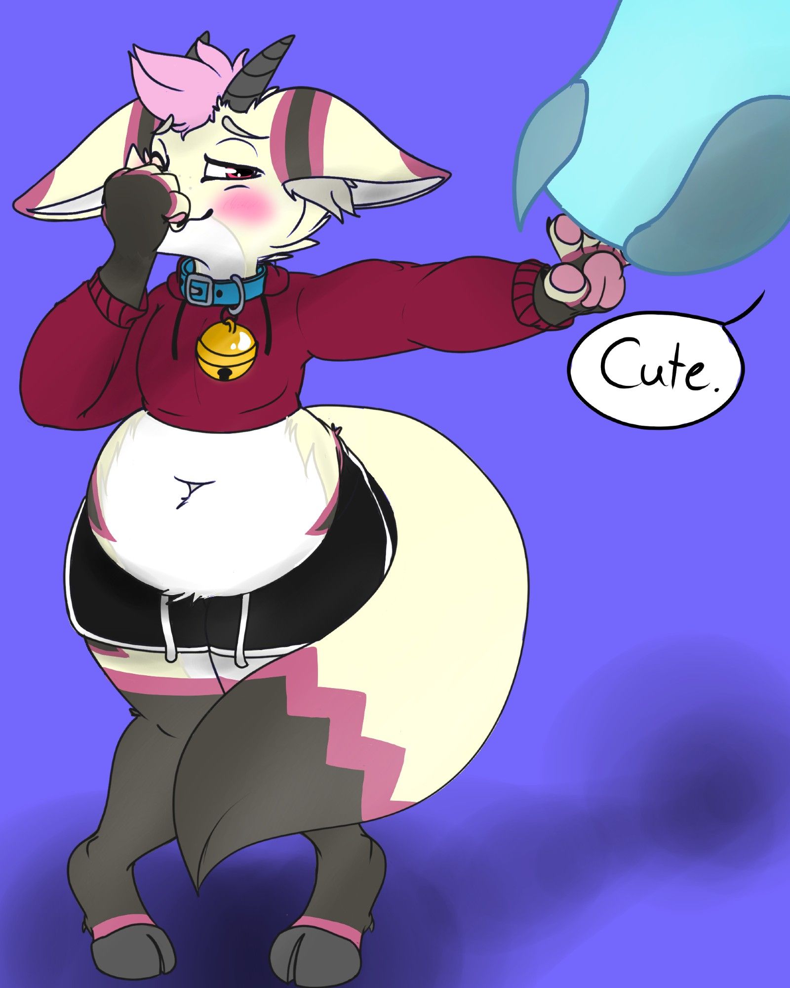 A chubby fennec goat hybrid showing off his new outfit and getting flustered by a regular sized furry calling him cute