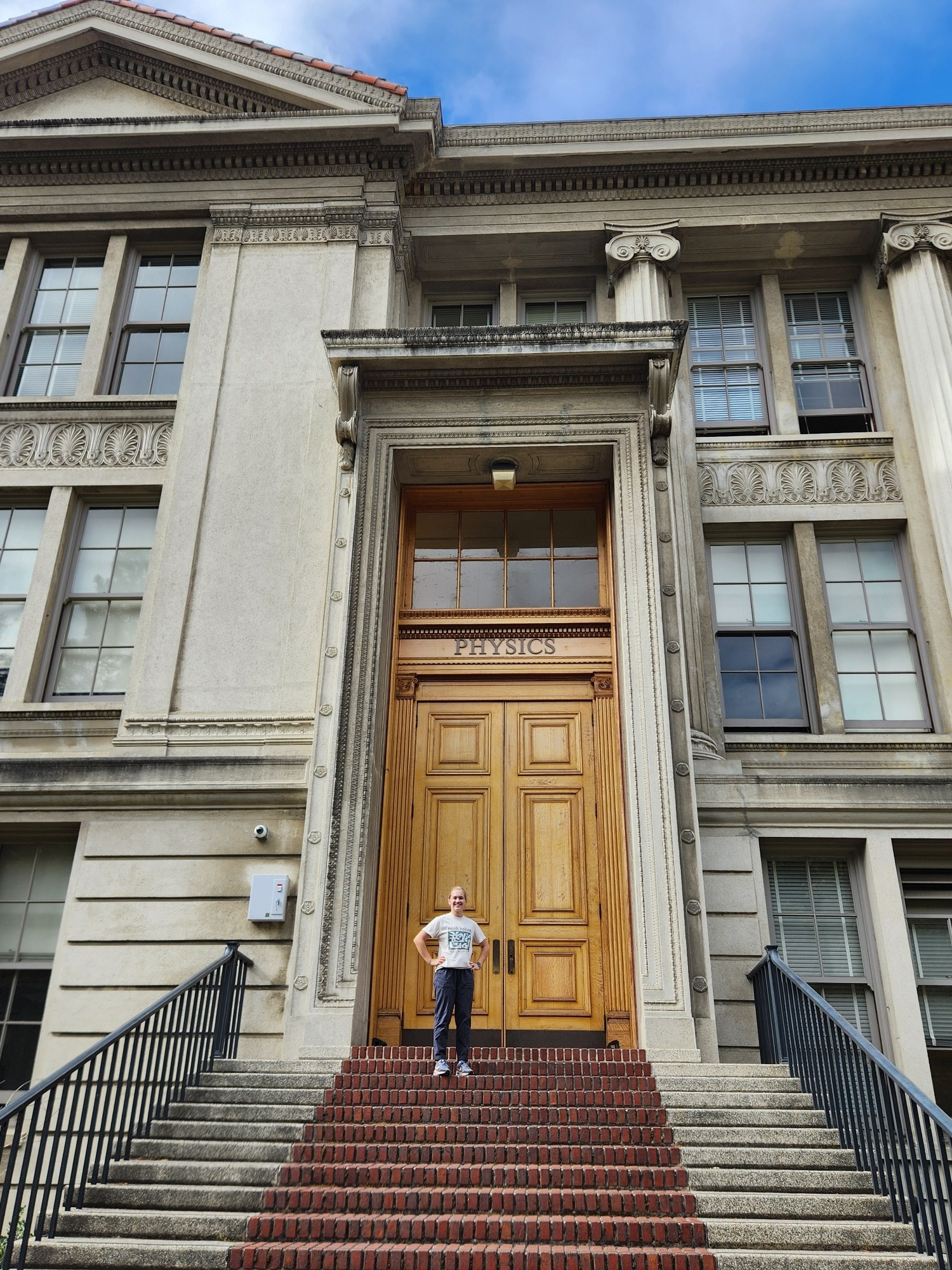 Halligator on the steps of one of several building housing Physics facilities at Cal.