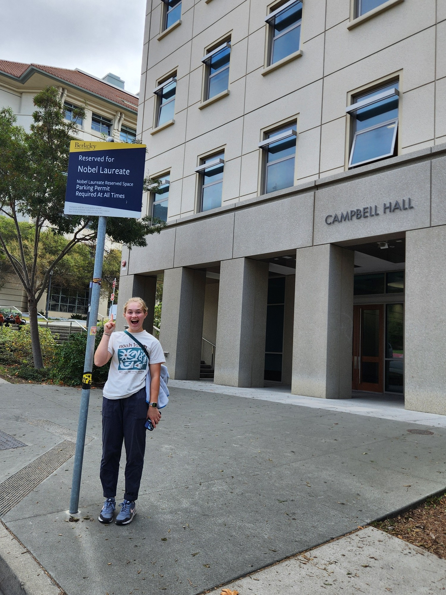 Halligator pointing to a sign designating a parking space for Nobel laureates.