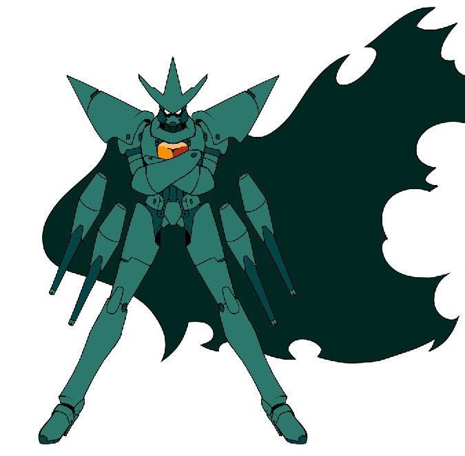 2D illustration of a tall bipedal robot, "Grapefruit", colored green with an orange cockpit on its chest. It has a 3-pronged headpiece over small white eyes and cone-shaped shoulder pads extending outward. At its hips are 4 floating cannons pointed downward. It has its legs far apart and its arms crossed, glaring at the viewer with a tattered cape flowing toward the right of the image.