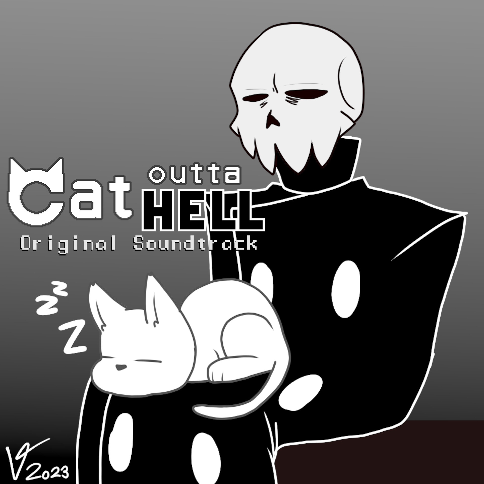 A tall skeleton wearing a buttoned black cloak is sitting with a ghostly white cat on his lap. His eyes are narrow and tired, the cat is peaceful. Text reads "Cat Outta Hell Original Soundtrack"