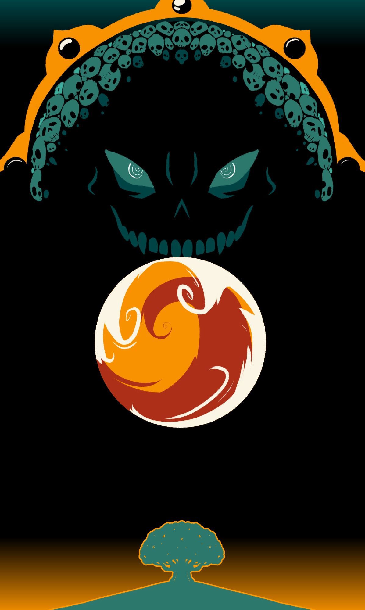 Green Orange - a huge planet made of skulls with a skeletal grinning face - looms over a small orange planet. Green Orange has a bright orange mandala around it like a halo. At the bottom of the image is a green silhouette of a lone bodhi tree on a hill