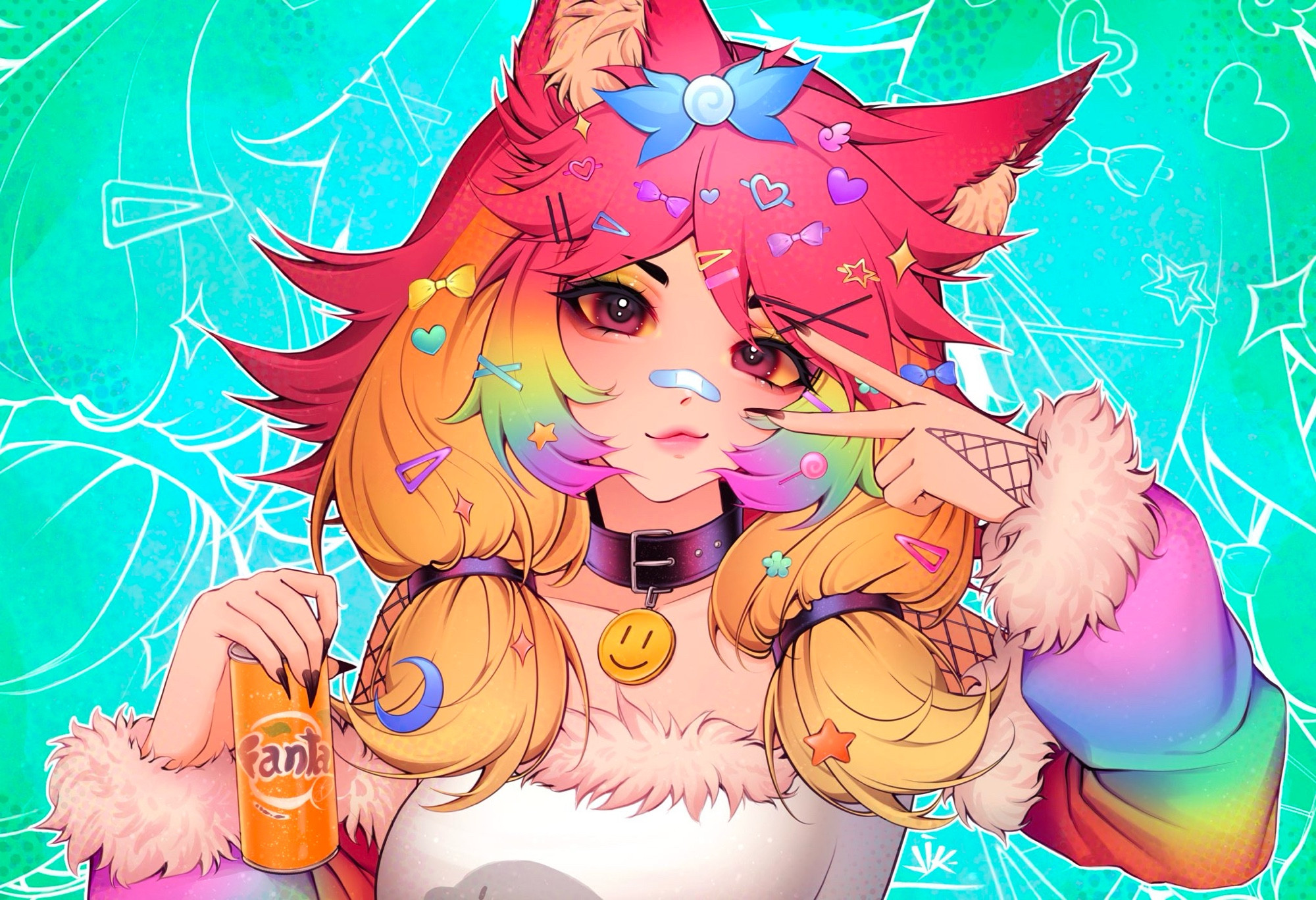 A drawing by vyxie00 on twitter! Prism is posed with her Fanta drink in her left hand, her right hand is shooting up a peace sign next to her right eye. The background is a vibrant teal/color with a silhouette of Prism behind her. Bright and colorful as always!!! 🌈🫡‼️