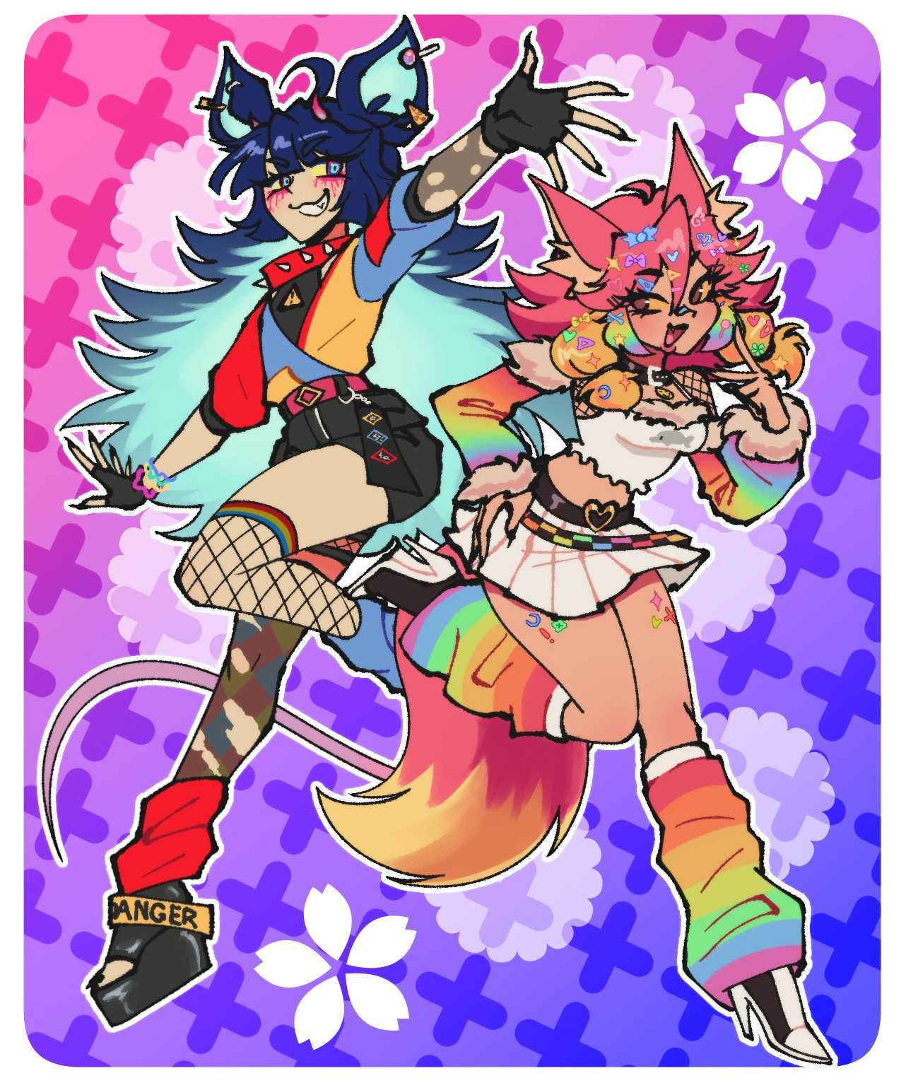 A drawing by lumi_nela on twitter! The background has an ombre of pink, purple, and blue with a repeating pattern of X's, mixed with white cherry blossom petals. To the left, is Trudi the kidcore arcade rat. They have dark blue hair with a gradient of a lighter blue at the bottom. The length goes down to their legs. To the right, is Prism the decora fox! Pink short fluffy hair that stops at her neck, paired with double blonde pigtails resting at her shoulders. Together they make an awesome pair!!! 