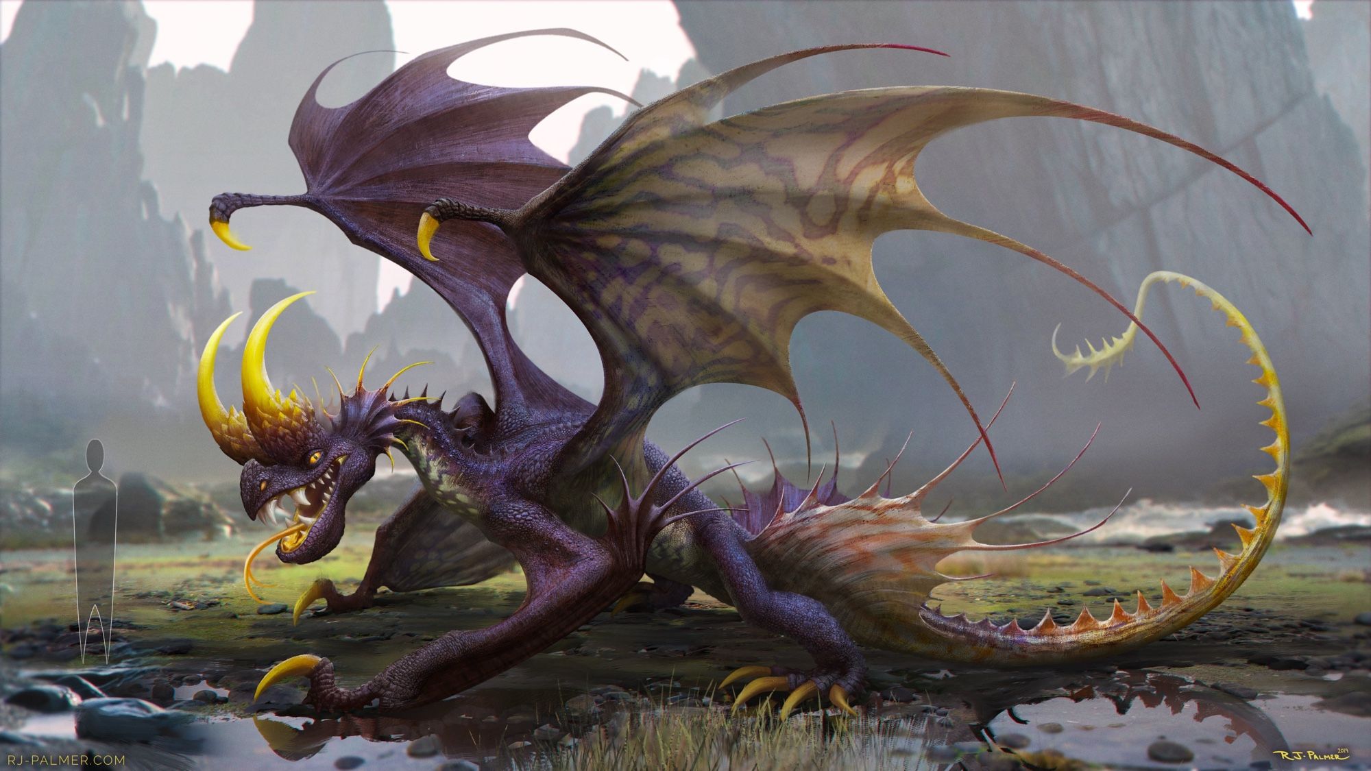 A purple dragon with yellow accents done in a style similar to How to Train Your Dragon