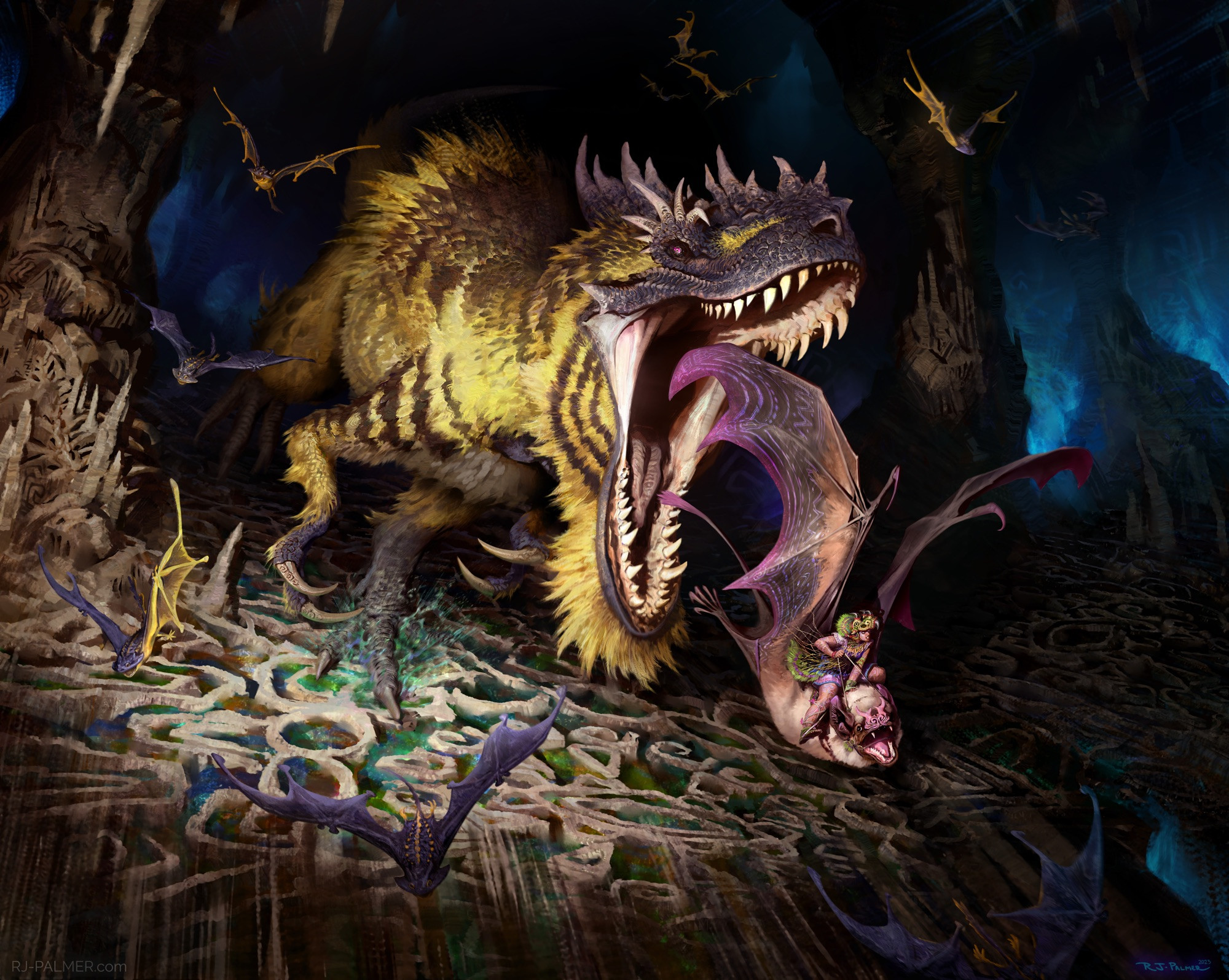 Giant yellow T. rex monster chasing a woman riding a giant bat through a cave. Illustration done for Magic the Gathering.