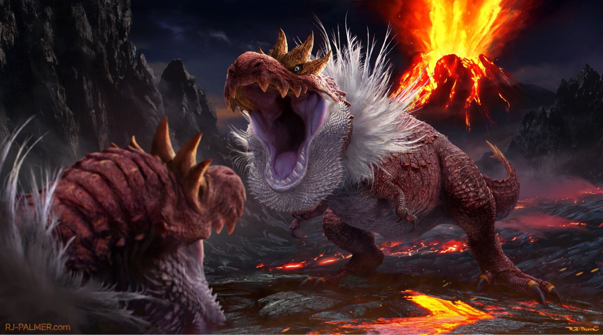 Realistic painting of a Tyrantrum roaring at another one in the foreground with a volcano erupting in the distance. 