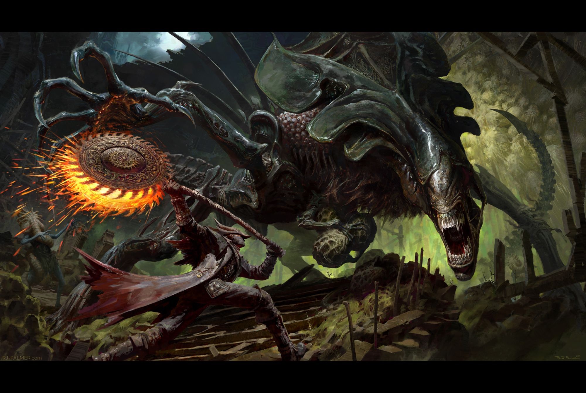 Dramatic painting of a Bloodborne hunter fighting a Xenomorph queen 