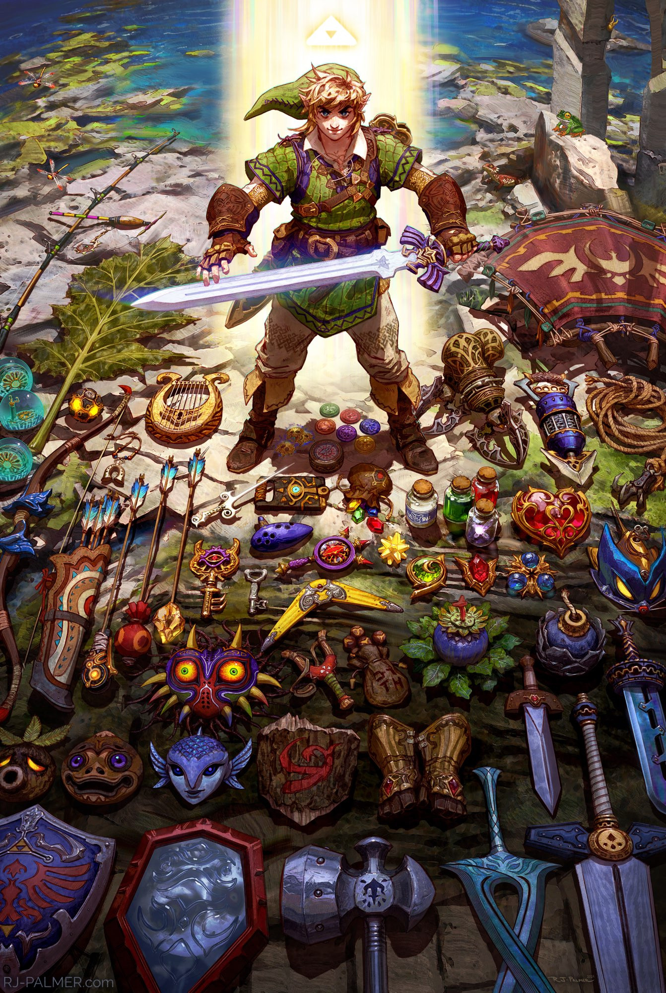 Link from Zelda illustration surrounded by one million different items from the games. 