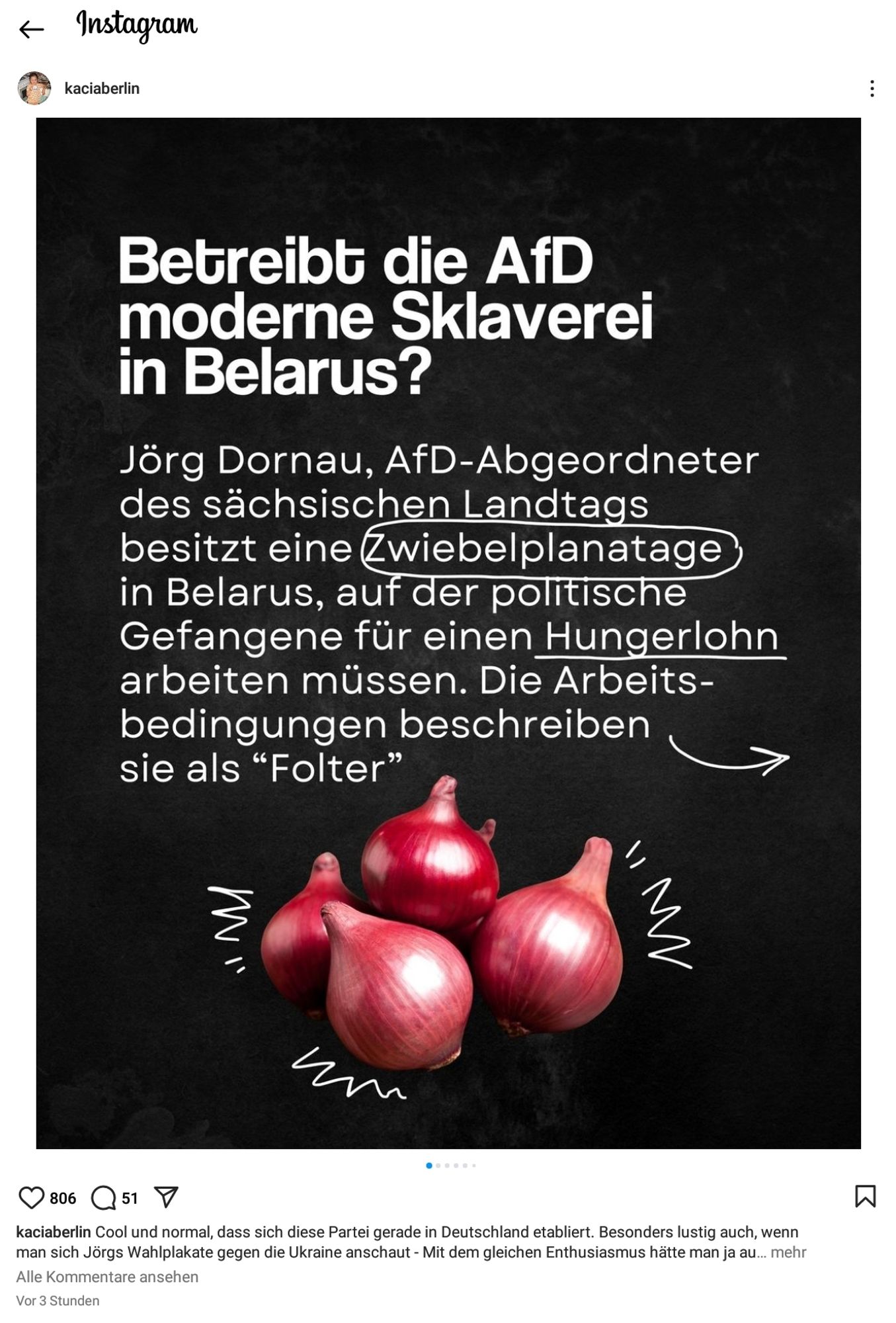 Ein Screenshot von integral

Betreibt die AfD moderne Sklaverei in Belarus. Jörg Dornau, Afd-Landtagsabgeordneter Sachsens, betreibt eine Zwiebelplantage in Belarus, auf der politische Gefangene für einen Hungerlohn arbeiten müssen. Die Arbeitsbedingungen beschreiben sie als "Folter".