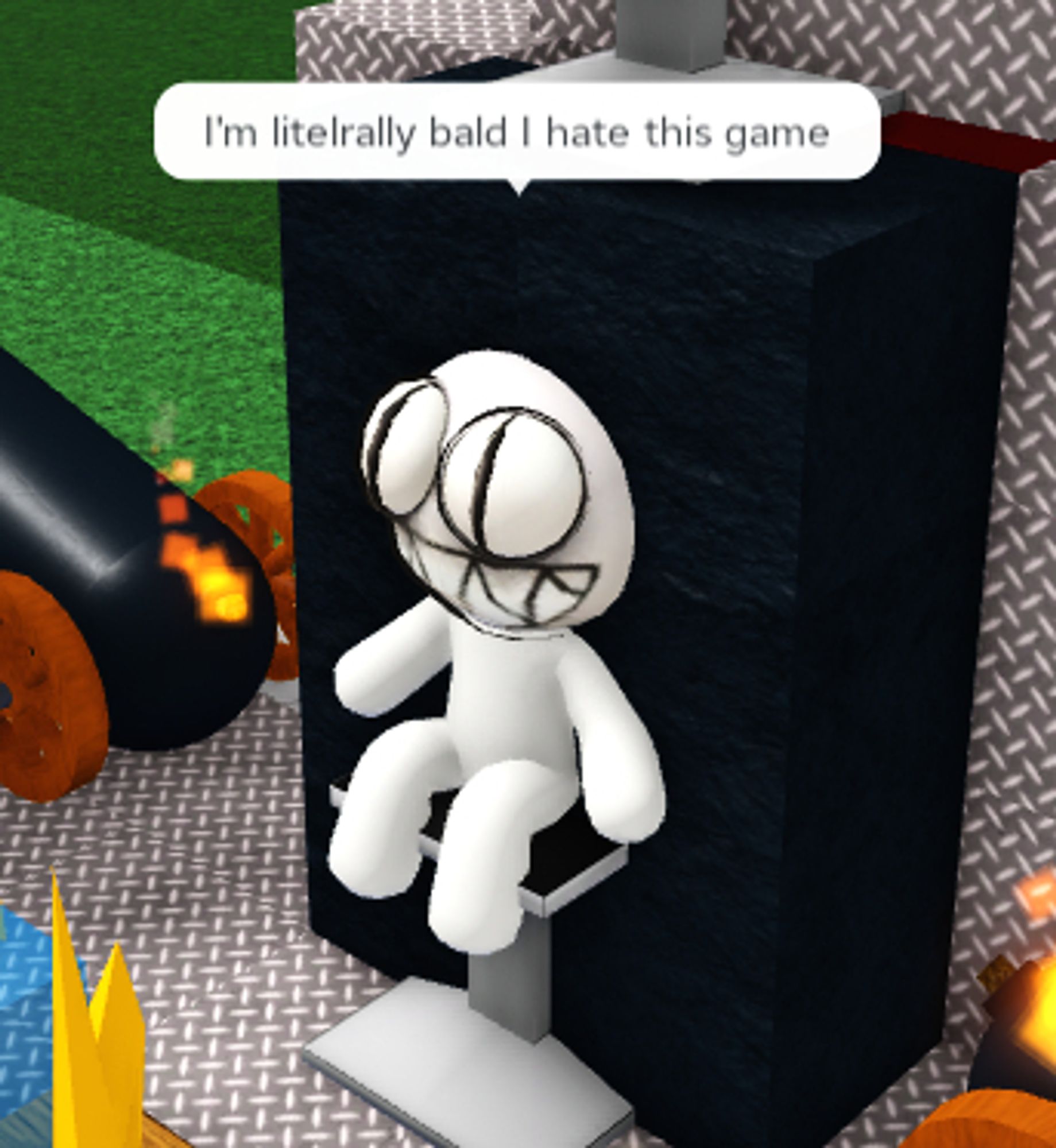 A despot bear Roblox avatar clipping into blocks while proclaiming "I'm literally bald I hate this game"