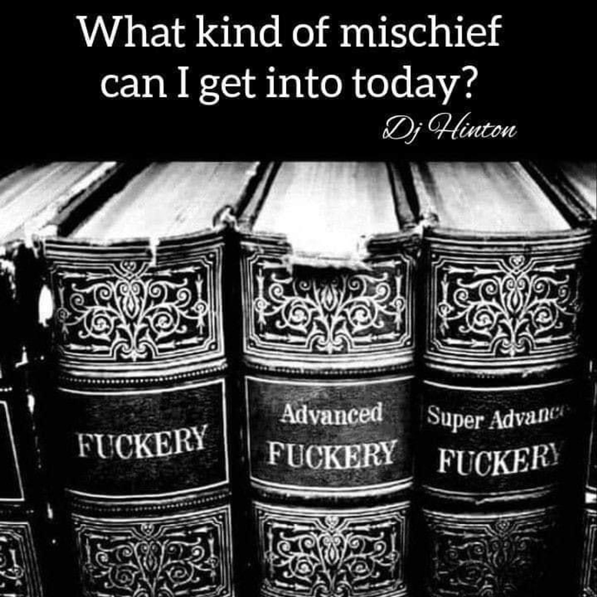 Photograph of the spines of three thick, leatherbound books. The titles of the three books, from left to right are...

FUCKERY
ADVANCED FUCKERY
SUPER ADVANCED FUCKERY

Text above says, "What kind of mischief can I get into today?"