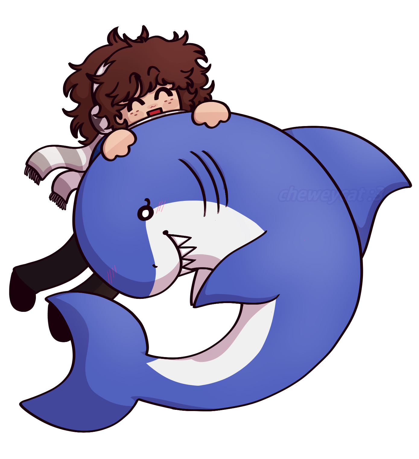 brown haired character with freckles wearing a scarf (colors striped grey and white), white headphones with a big dark star on them, blue sweater, black pants and shoes, holding onto a blue shark while smiling gleefully

the shark is also smiling with four shark teeth showing

the art style is very cutesy-like, cartoonish