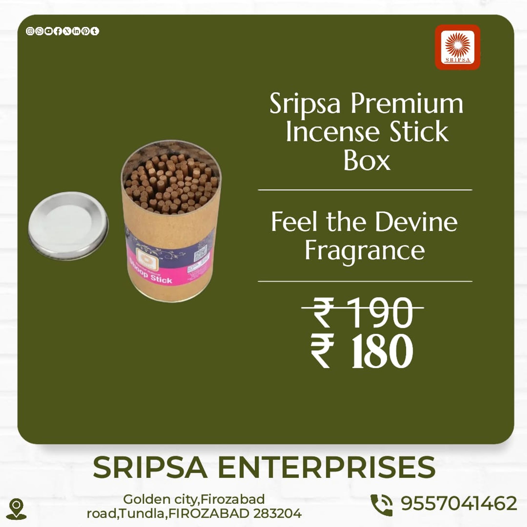 Experience the divine aroma this Navratri with Sripsa Premium Agarbatti and Dhoop. Place your order now for a spiritual uplift. 🌟🕉️ #Navratri #SripsaPremiumAgarbatti #DivineAroma #SpiritualVibes #OrderNow #Navratri2024 #PujaFeels #AgarbattiMagic #DhoopEssentials #HolyMoments