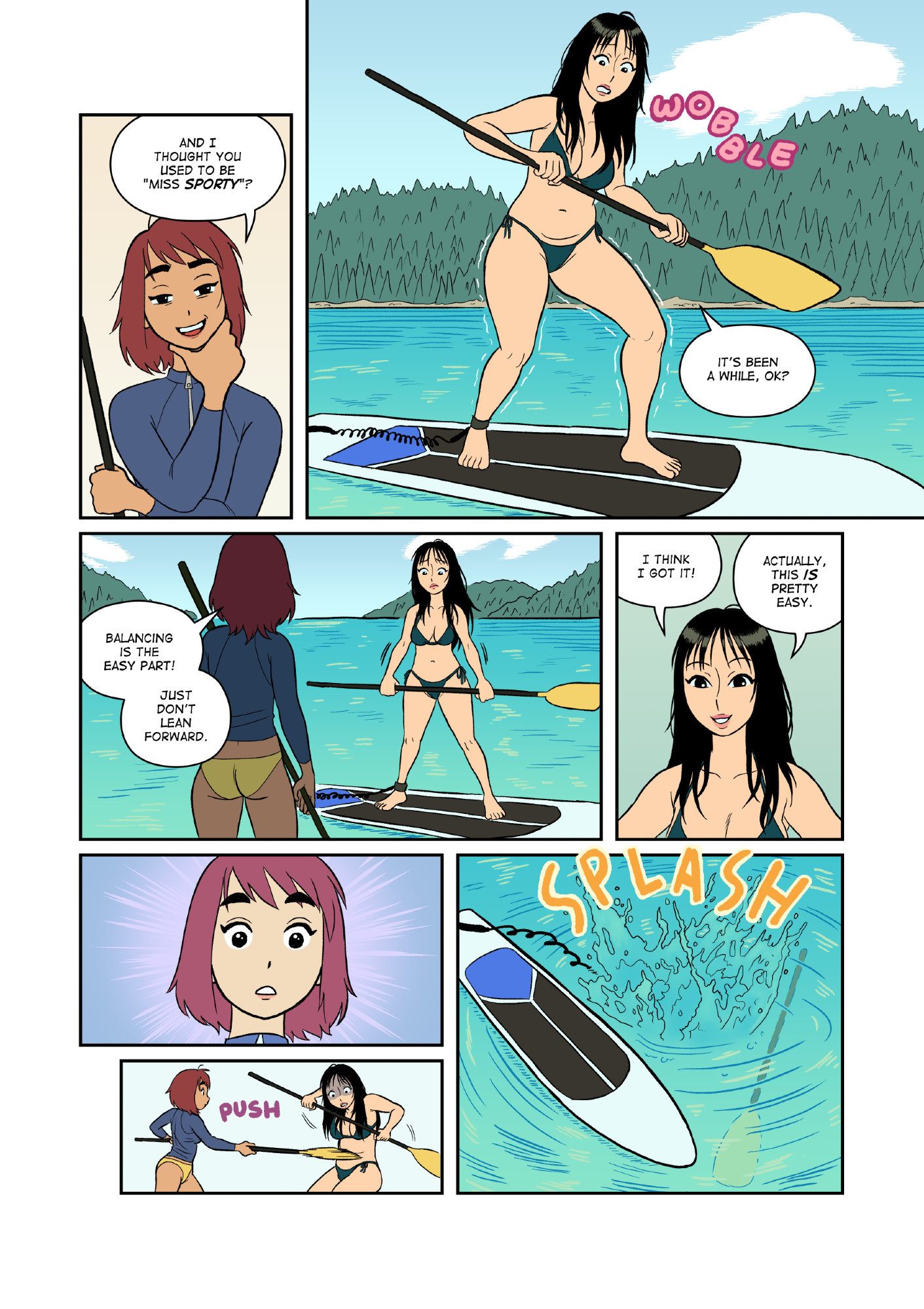 A comic page from Weekend With Yuka. Yuka and Ren are out on a lake with standing paddleboards and Ren pushes Yuka into the water when Yuka finally manages to stand completely upright on her board.