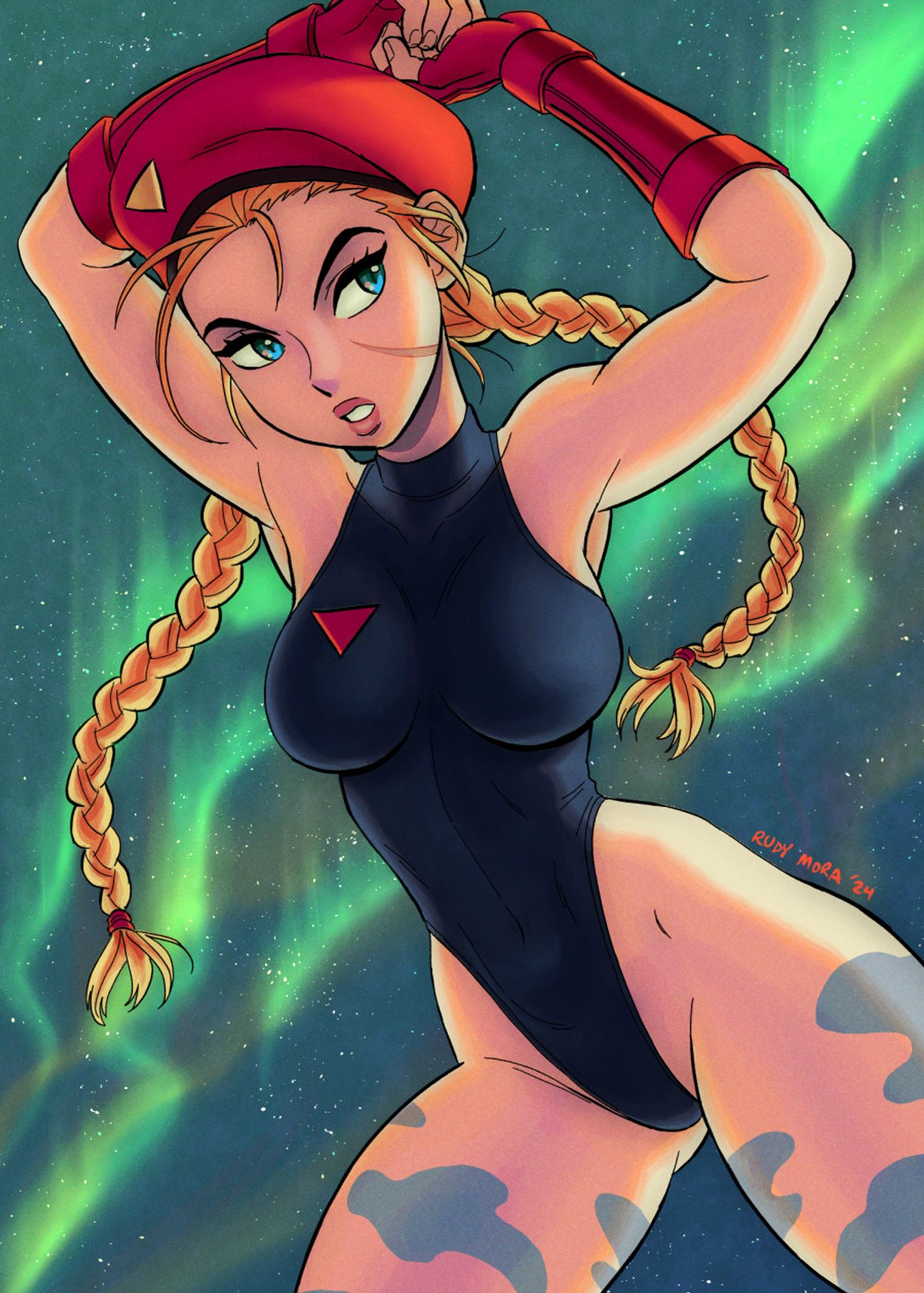 Cammy from Street Fighter in her original outfit, stretching in front of the aurora borealis