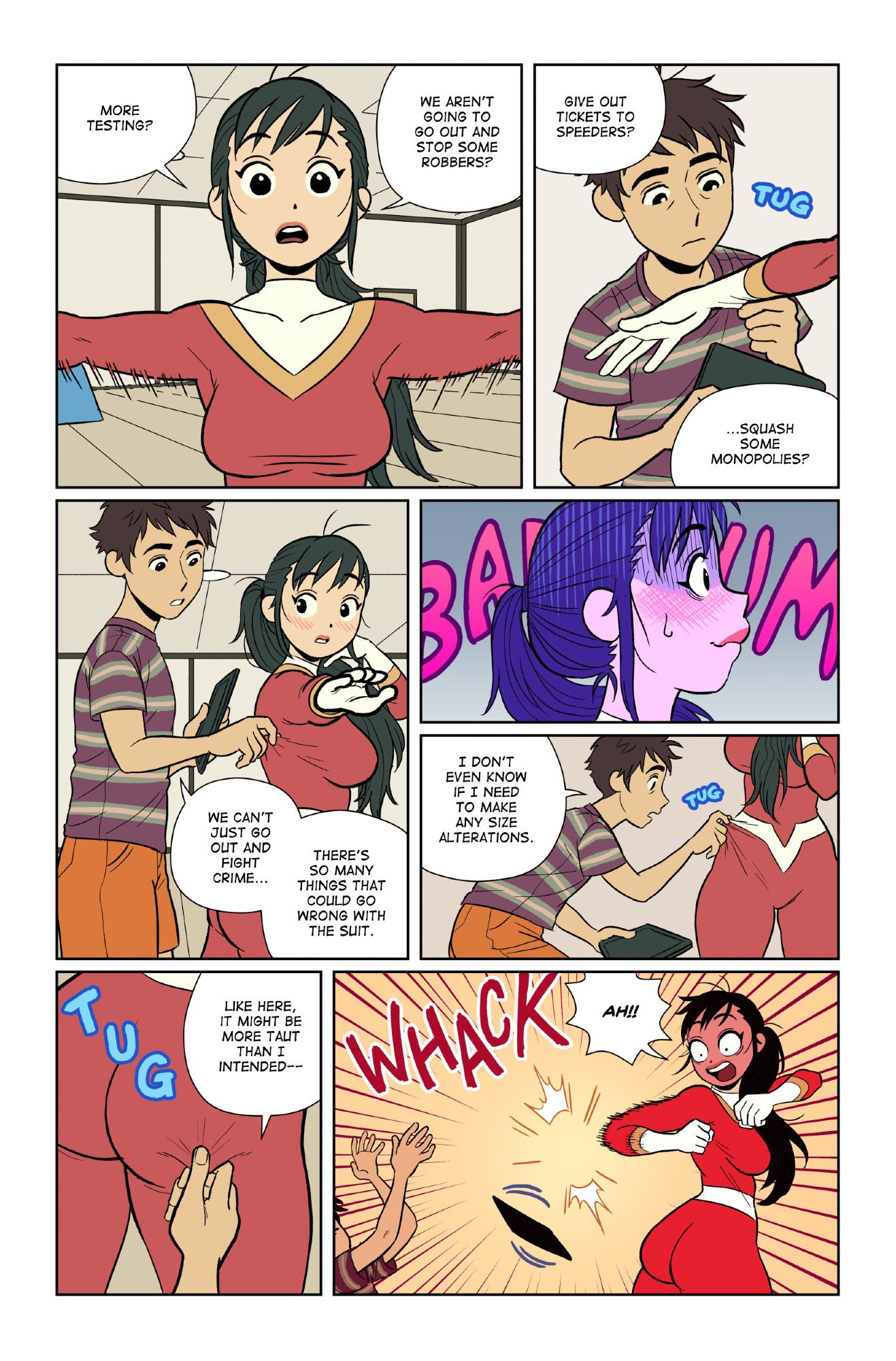 A comic page from The Red Muscle. Edgar is stress testing the material of Scarlet's super suit and gets accidentally elbowed in the face after pinching the material on Scarlet's butt.