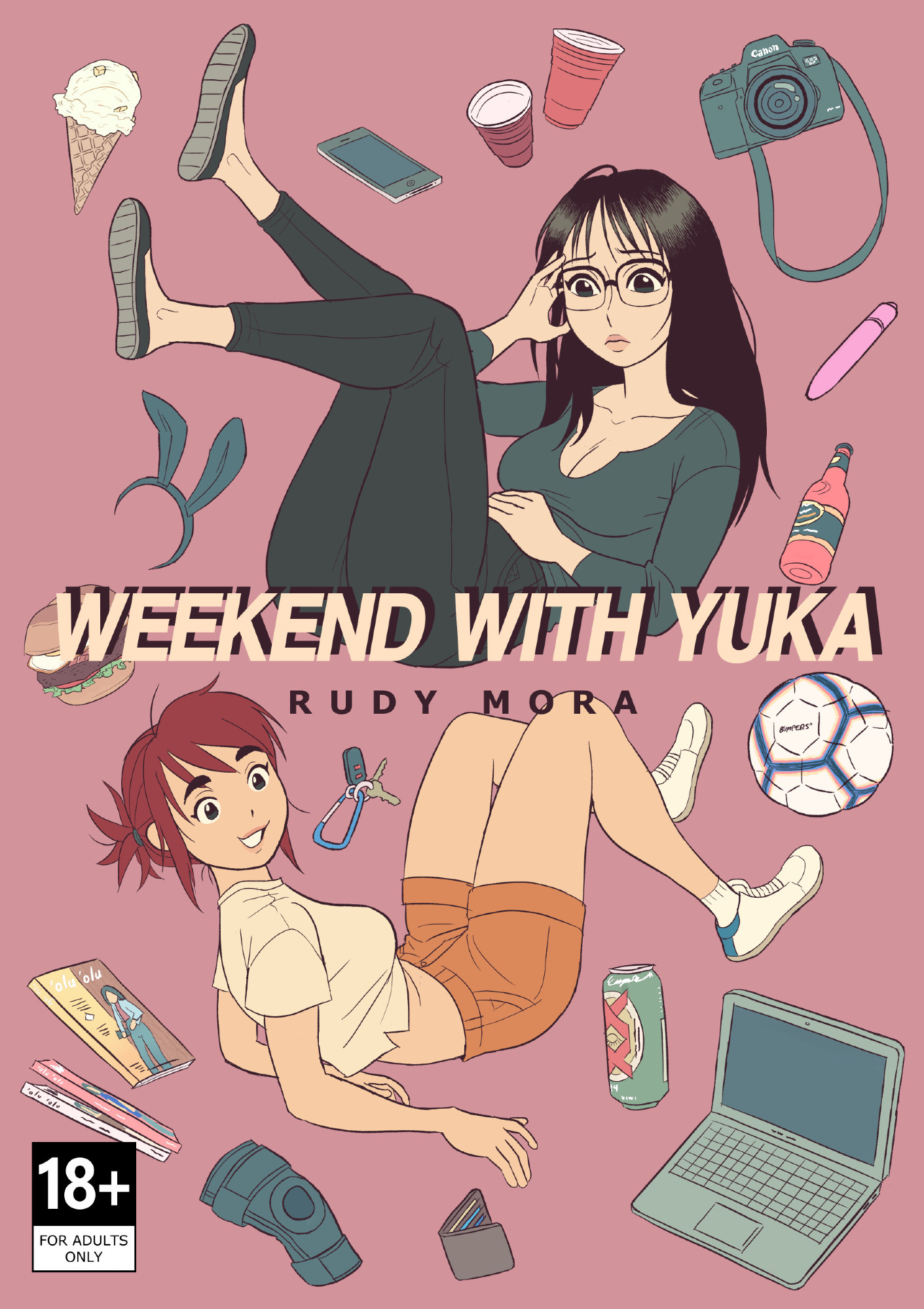 Cover of the graphic novel Weekend With Yuka, with two women floating in a pink space with an assortment of personal belongings scattered about.