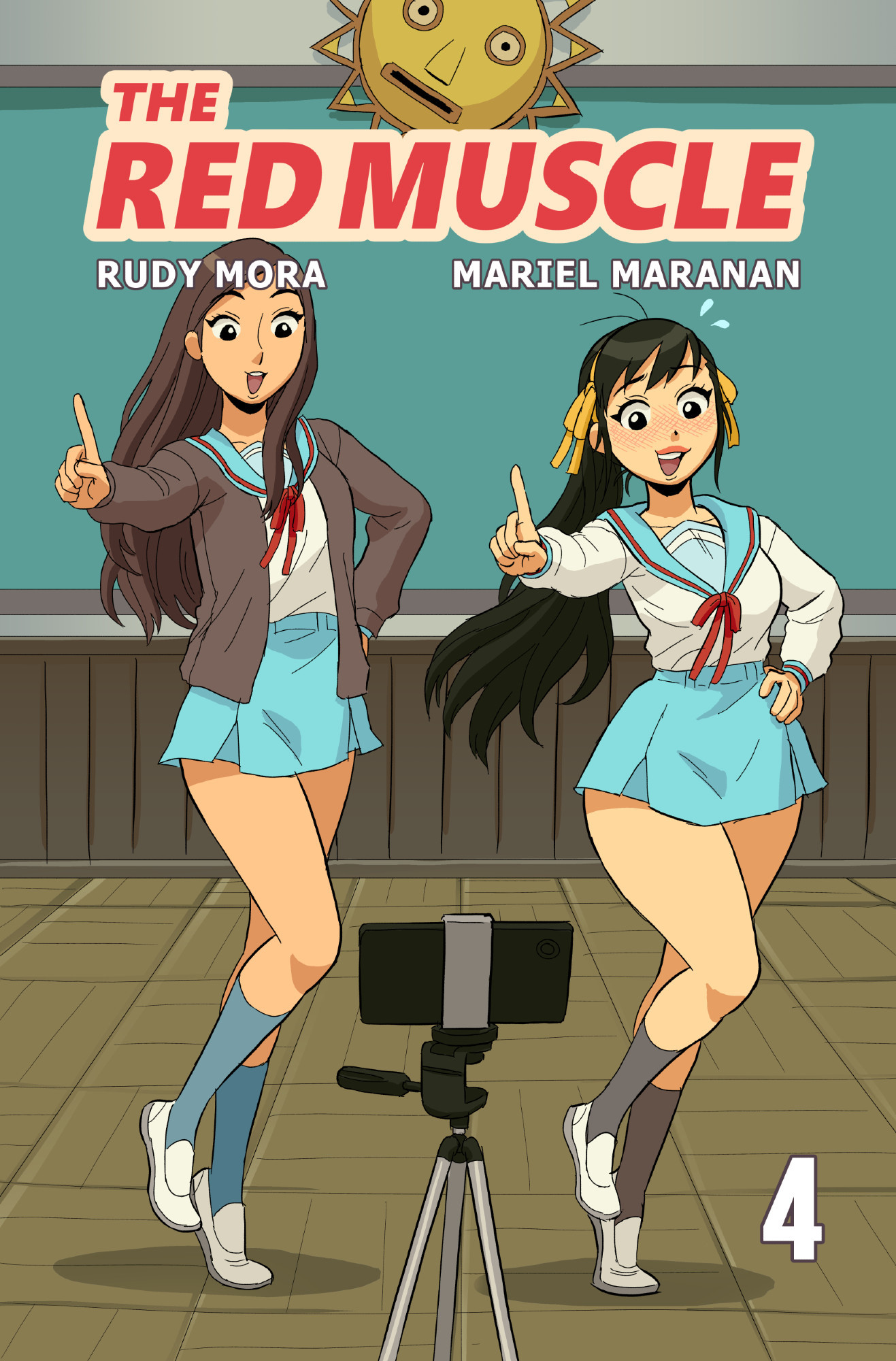 Two women, Camille and Scarlet, dressed up in the school uniforms from The Melancholy of Haruhi Suzumiya. They are filming themselves dancing the Hare Hare Yukai.