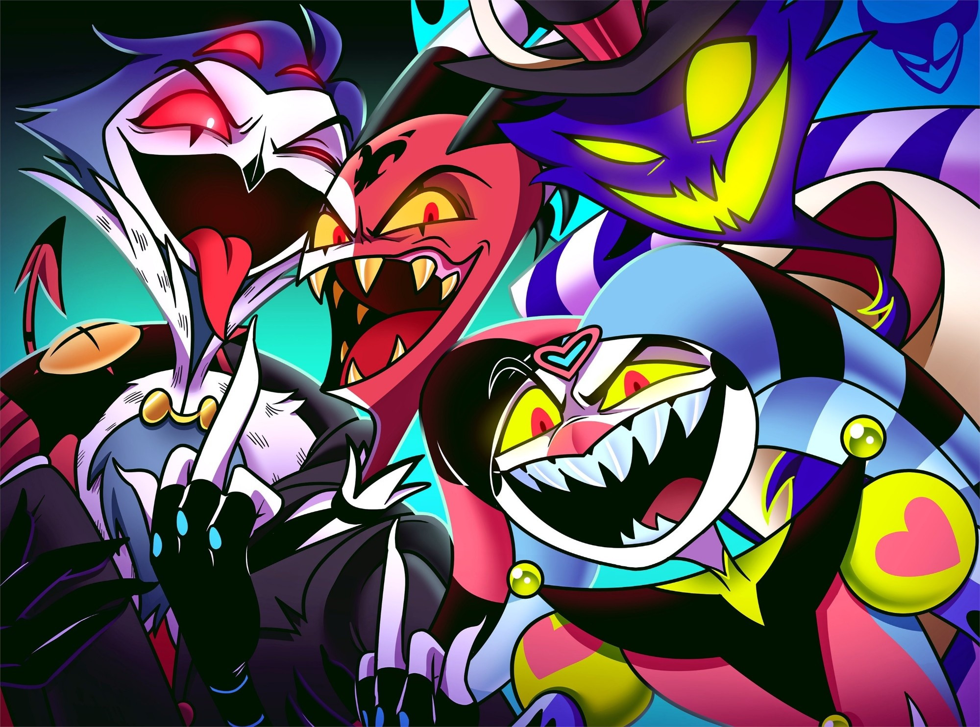 Left: Stolas holding Blitzo in a bridal carry. Right: Fizzarolli and Asmodeus, with Fizz giving the double birdie. All have smug, mocking expressions towards the viewer, based on the song "2 Minute Notice".