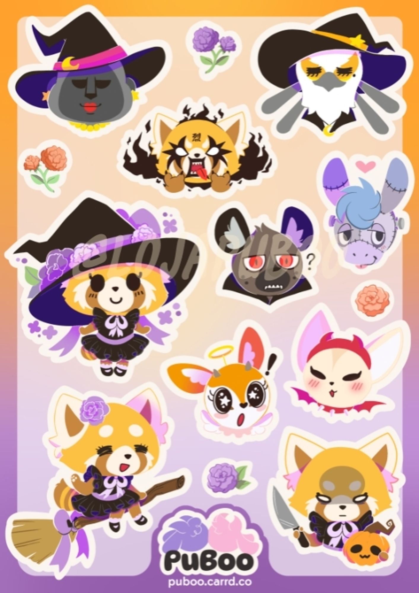 Cartela de adesivos inspirada nos personagens de aggretsuko vestindo fantasia de halloween