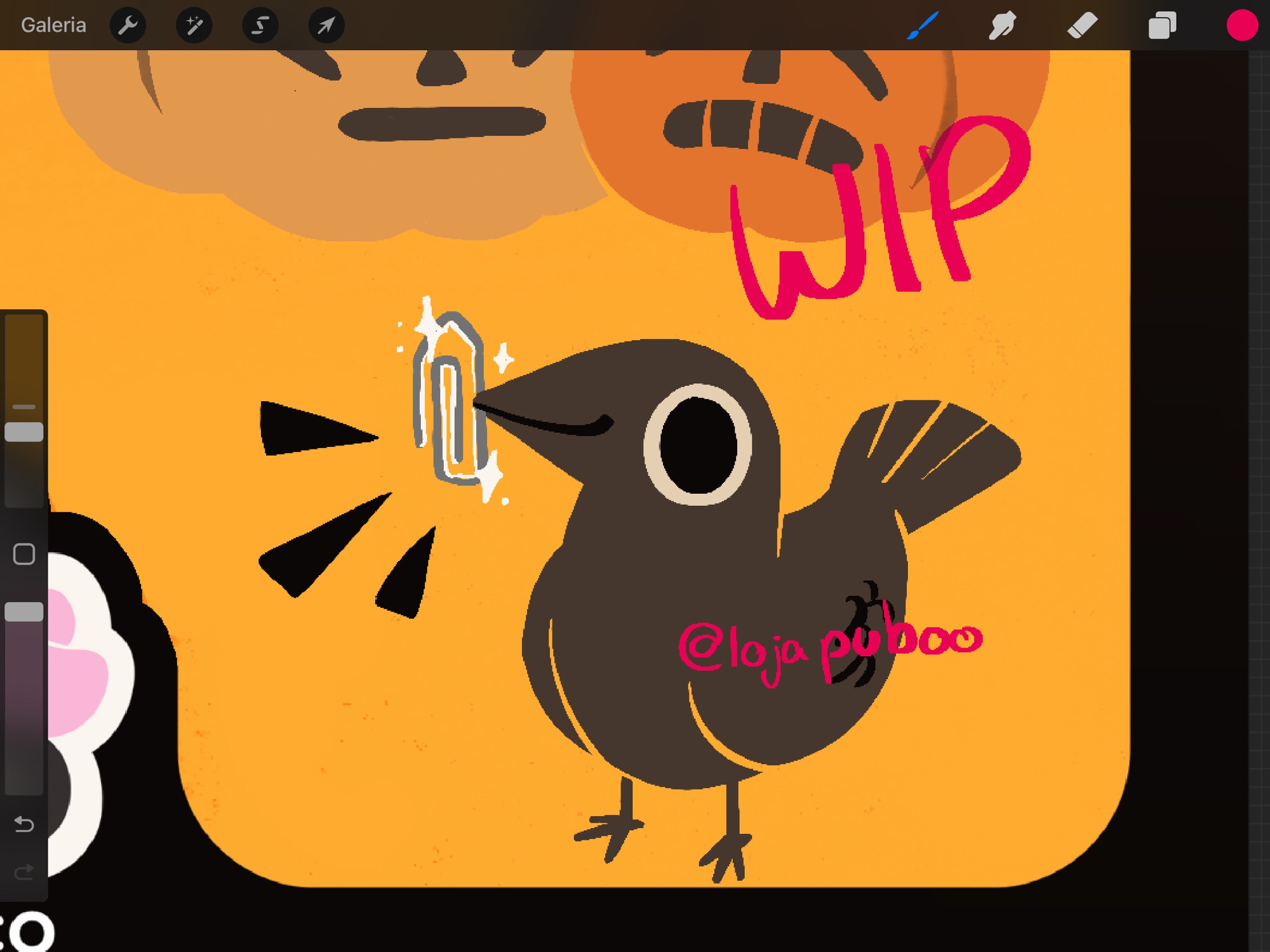 This is a work in progress of a sticker sheet for Halloween, the drawing is a cute crow proudly holding a shiny paper clip in its mouth