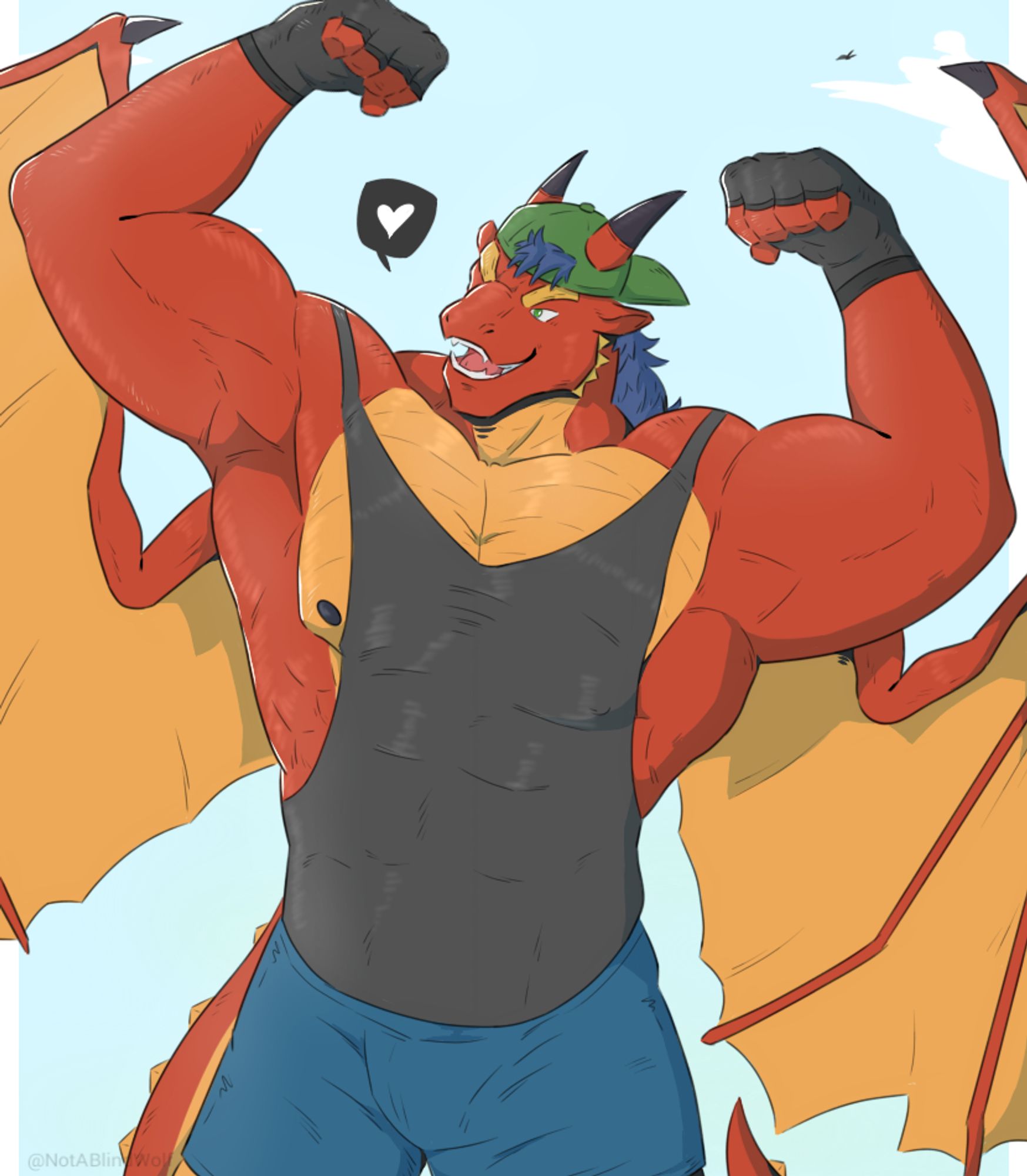 Drawing of a dragon in workout attire flexing his arms