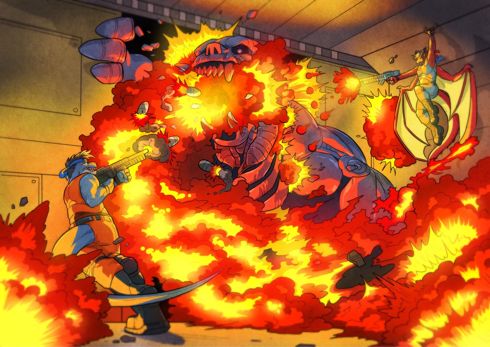 Drawing of two soldiers infiltrating an enemy base and fending off a huge cyborg busting out of a wall spitting fire