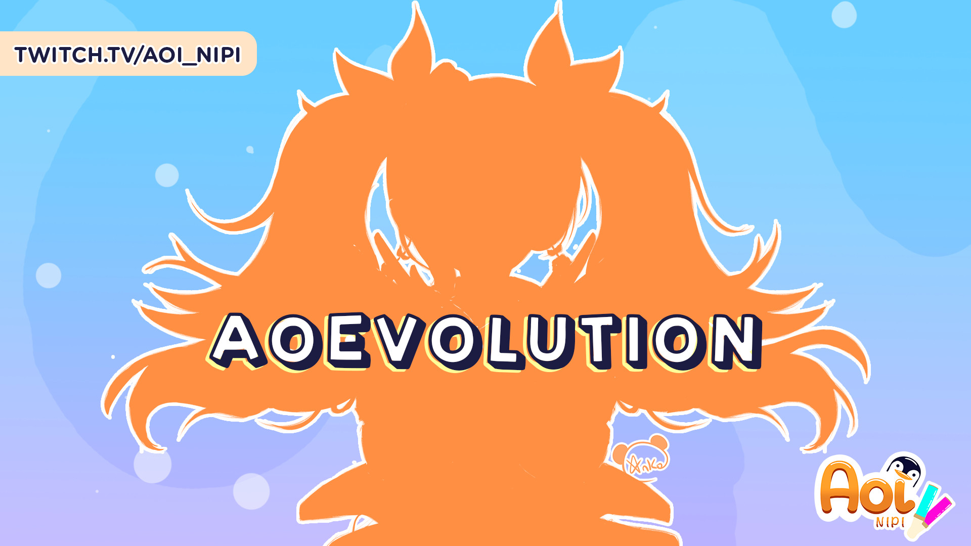 Orange shadow image of Aoi's new model on a light blue and lilac gradien background. On top of it is written "AoEvolution". On the top left is written "twitch.tv/aoi_nipi" and on the bottom right is Aoi Nipi's logo.