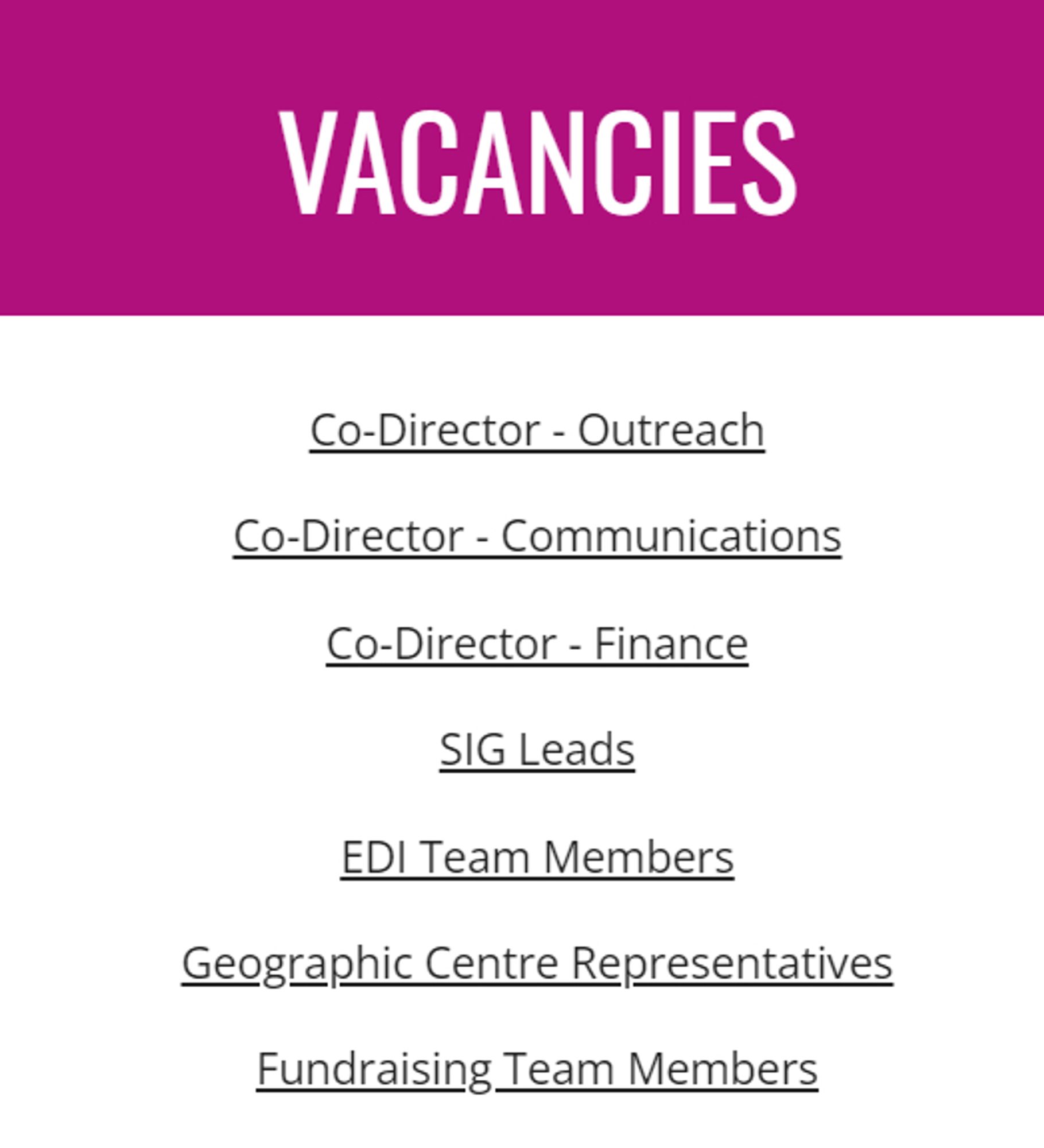 screenshot of RoSE website showing list of vacant positions including co-director roles, SIG leads, EDI roles, and fundraising roles.