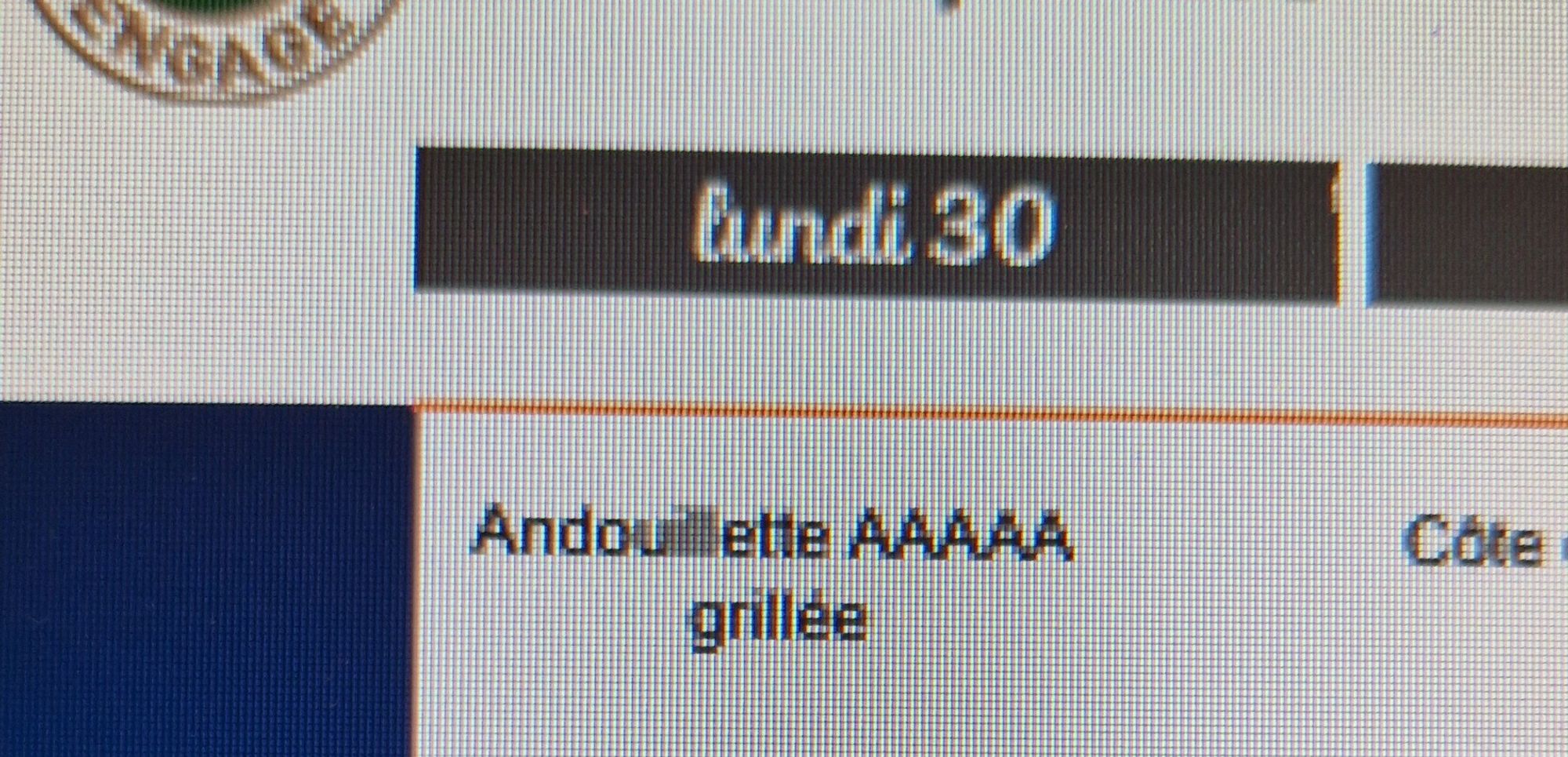 Capture d'écran du menu avec noté "Andouillette AAAAA grillée".