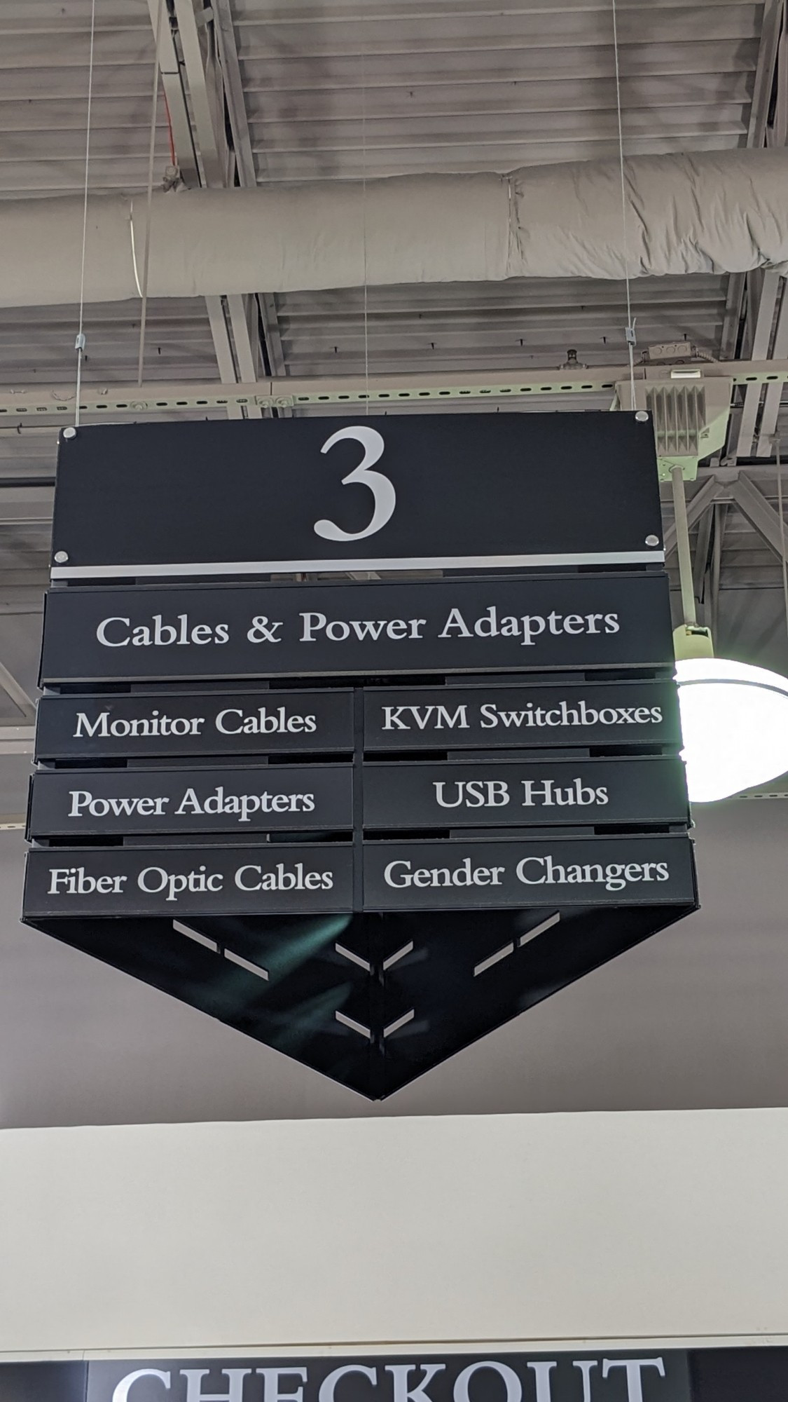 Photo of an aisle sign at Microcenter listing what's available on the aisle. One of the categories on the list says, "Gender Changes."