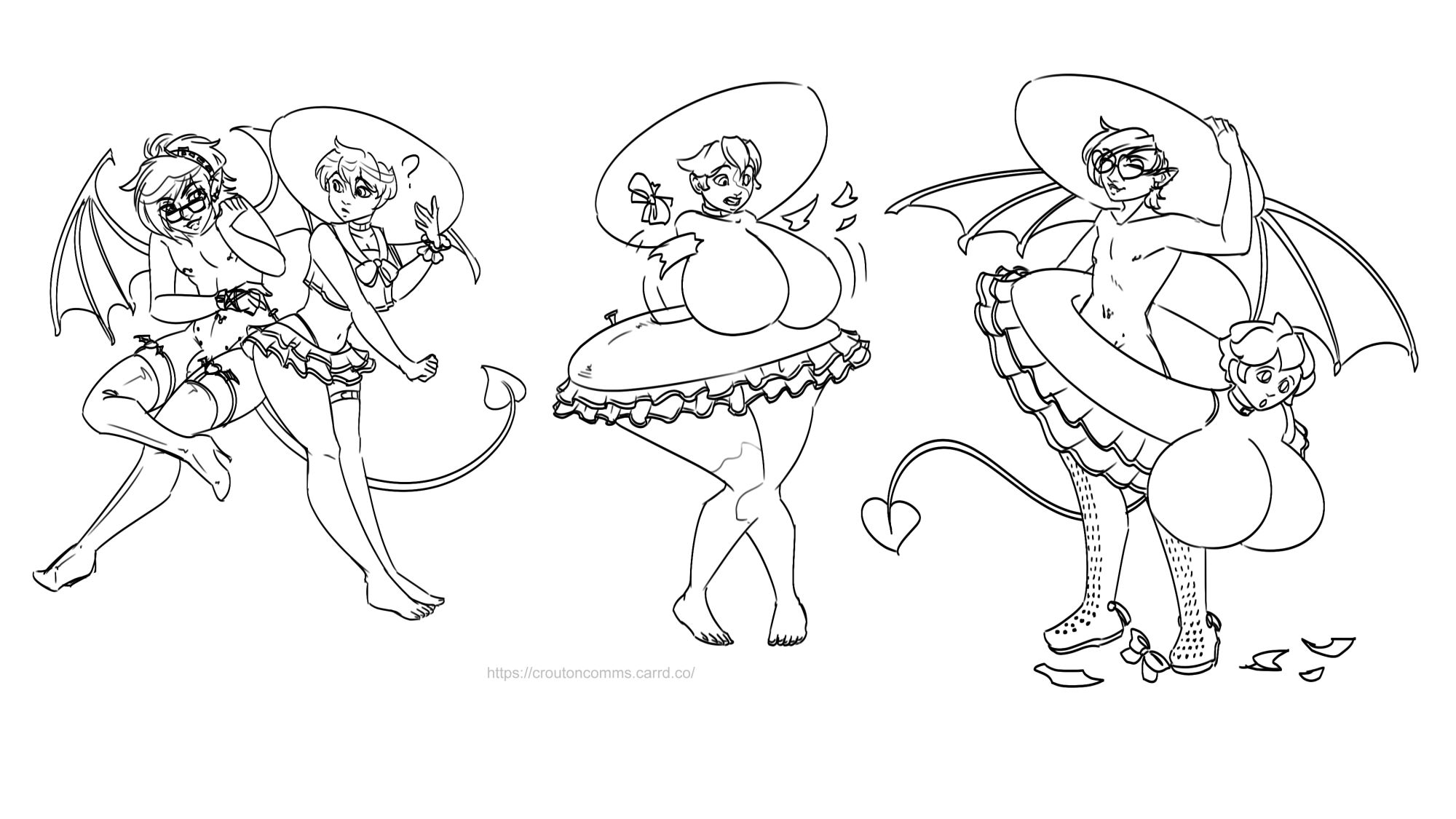 A three-part transformation sequence of a demon turning a girl into an innertube pooltoy with massive breasts.