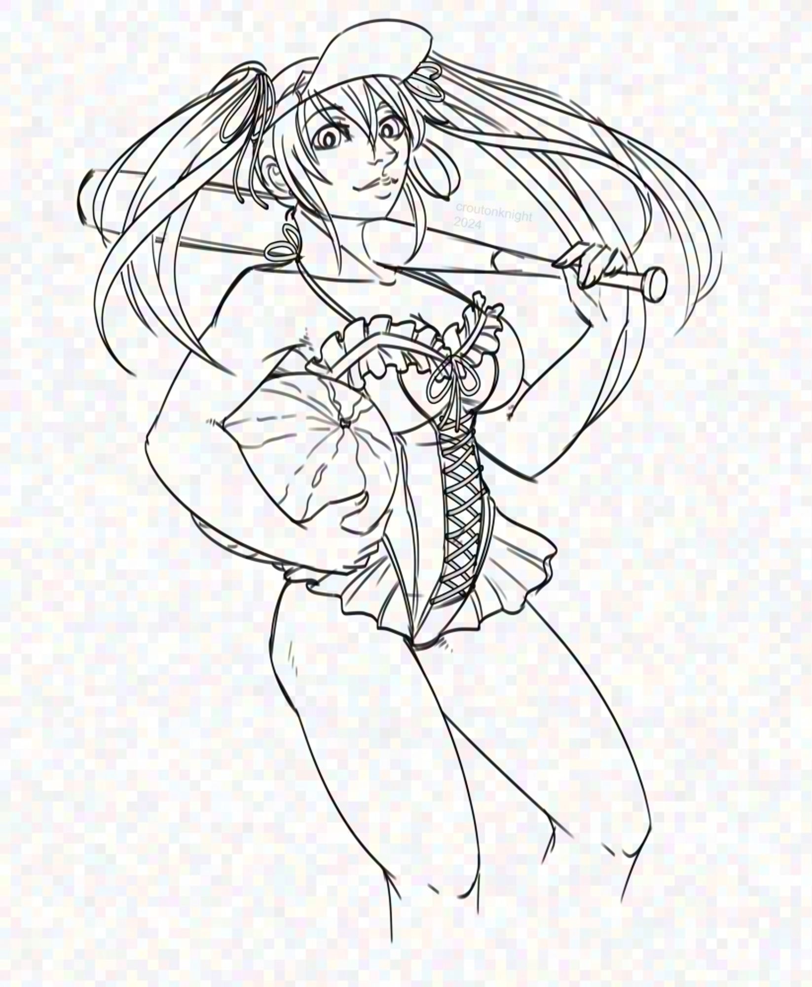 [image description: Kurumi Tokisaki in a frilly swimsuit, holding a baseball bat and a watermelon. Her hair is up in uneven pigtails flowing around her face, and a visor sits over her bangs. /end description]