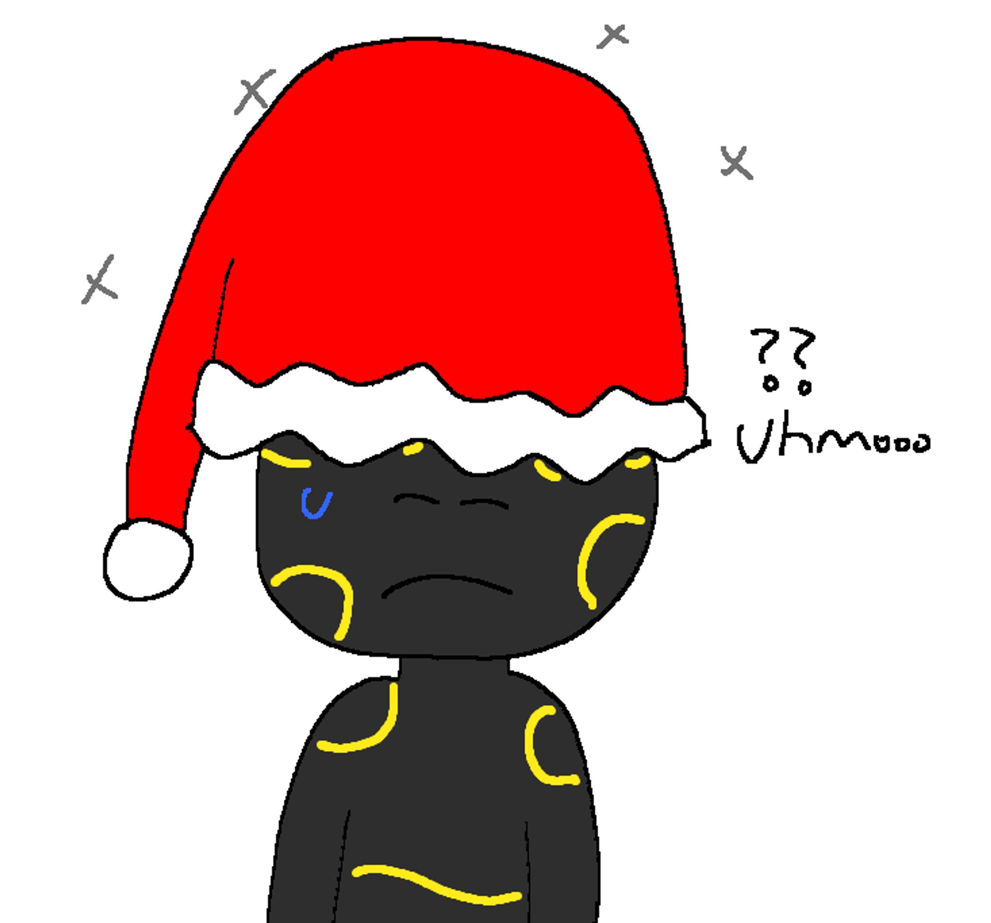 laz - an anthro poison dart frog, predominantly black with yellow markings - wearing a santa on his head, entirely covering his protruding eyes

text reads:
??
Uhm...