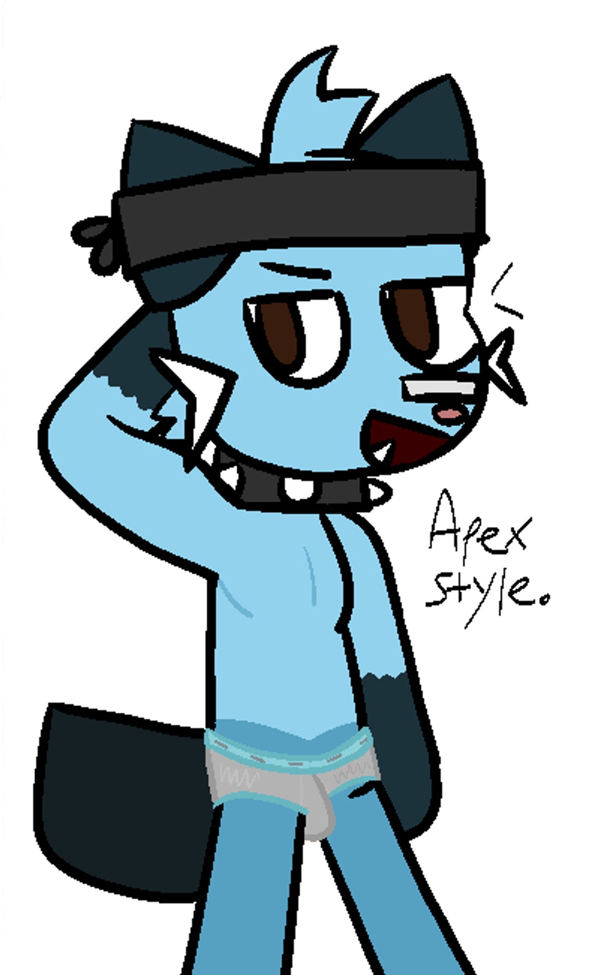 olympus - an anthropomorphic dewott with a black bandana on his head and a spiky choker around his neck - wearing grey briefs with a blue waistband, modelled after sukrew apex briefs