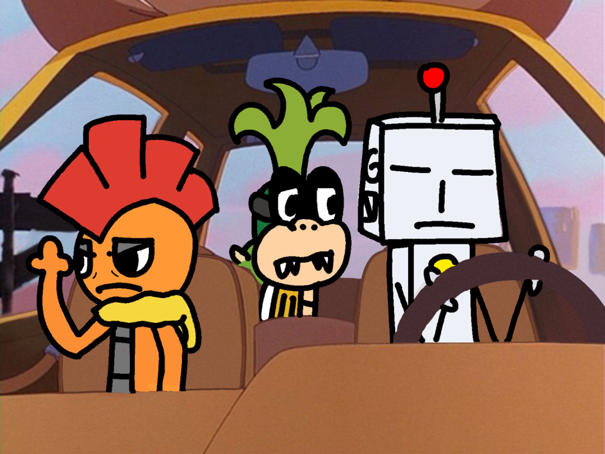 scrafty, iggy koopa and r. suzuki in a car with r suzuki driving, all looking awkward and upset