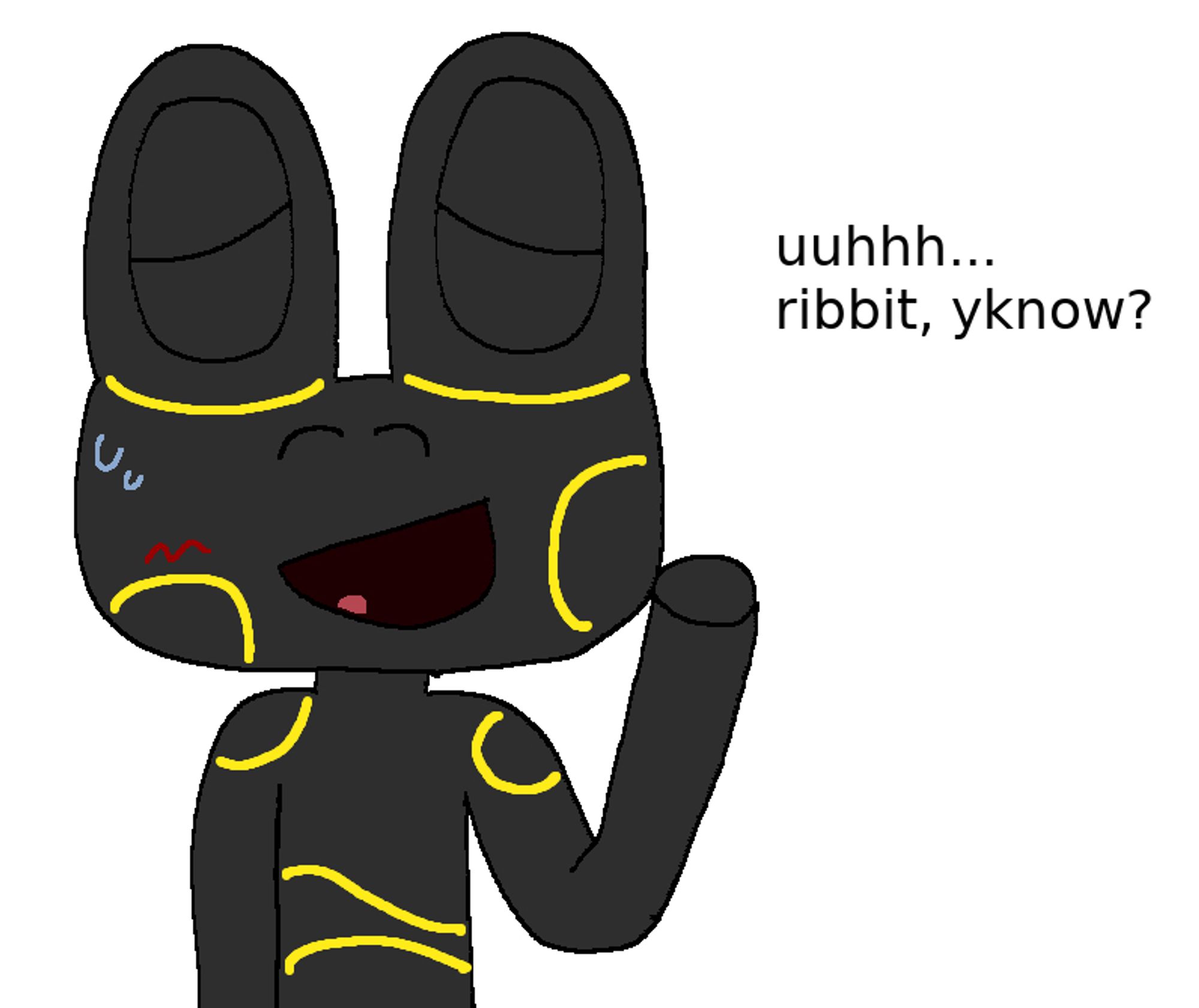 laz - anthro poison dart frog, black with yellow markings - blushing and saying "ribbit" awkwardly