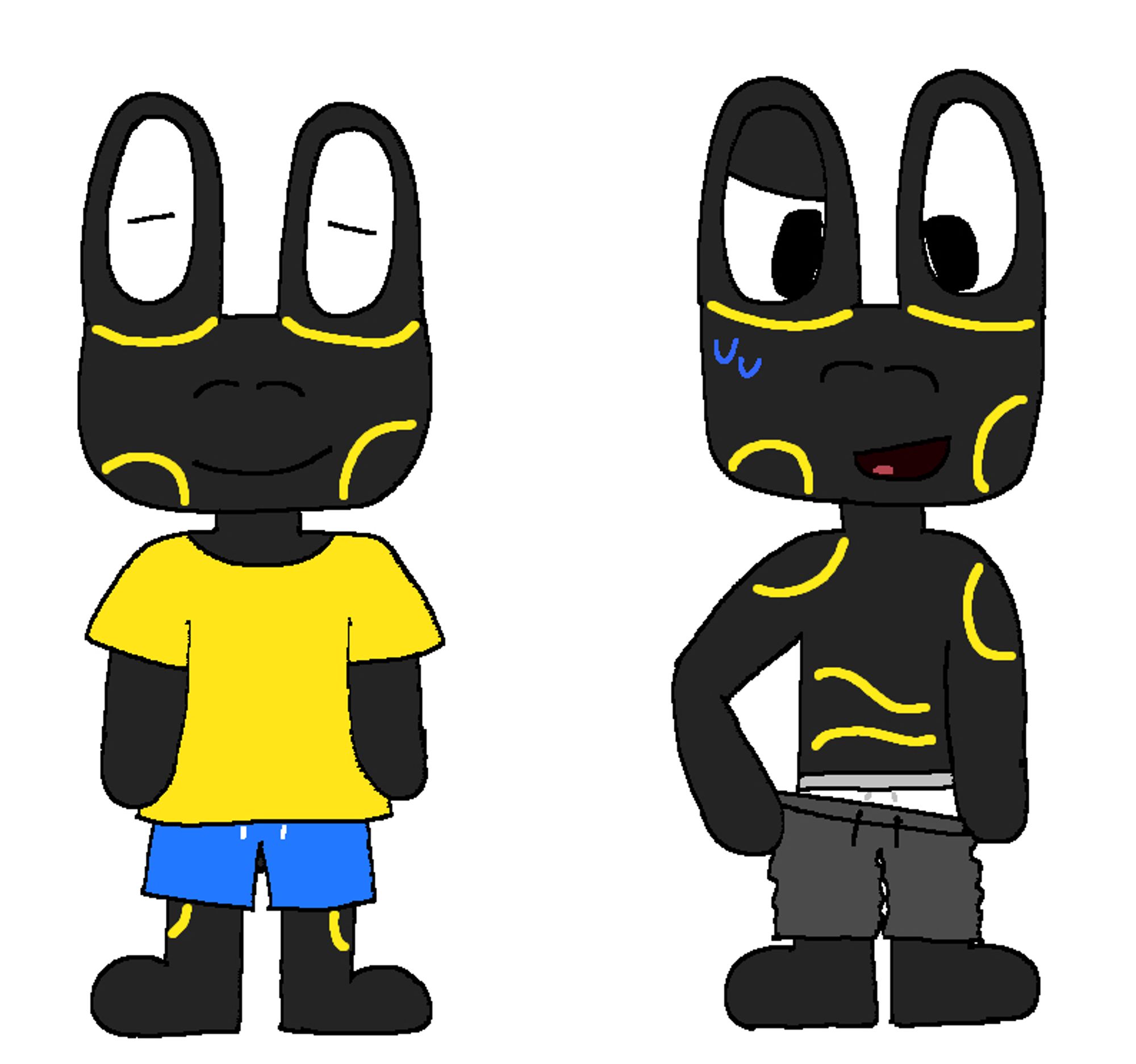 two drawings of laz, an anthro poison dart frog, mostly black with yellow markings. on the left, he's wearing a simple, oversized yellow t-shirt with loose blue shorts. on the right, he's trying to wear trousers, but they're very baggy and too loose, and don't even fit around his waist, so he has to hold them up.