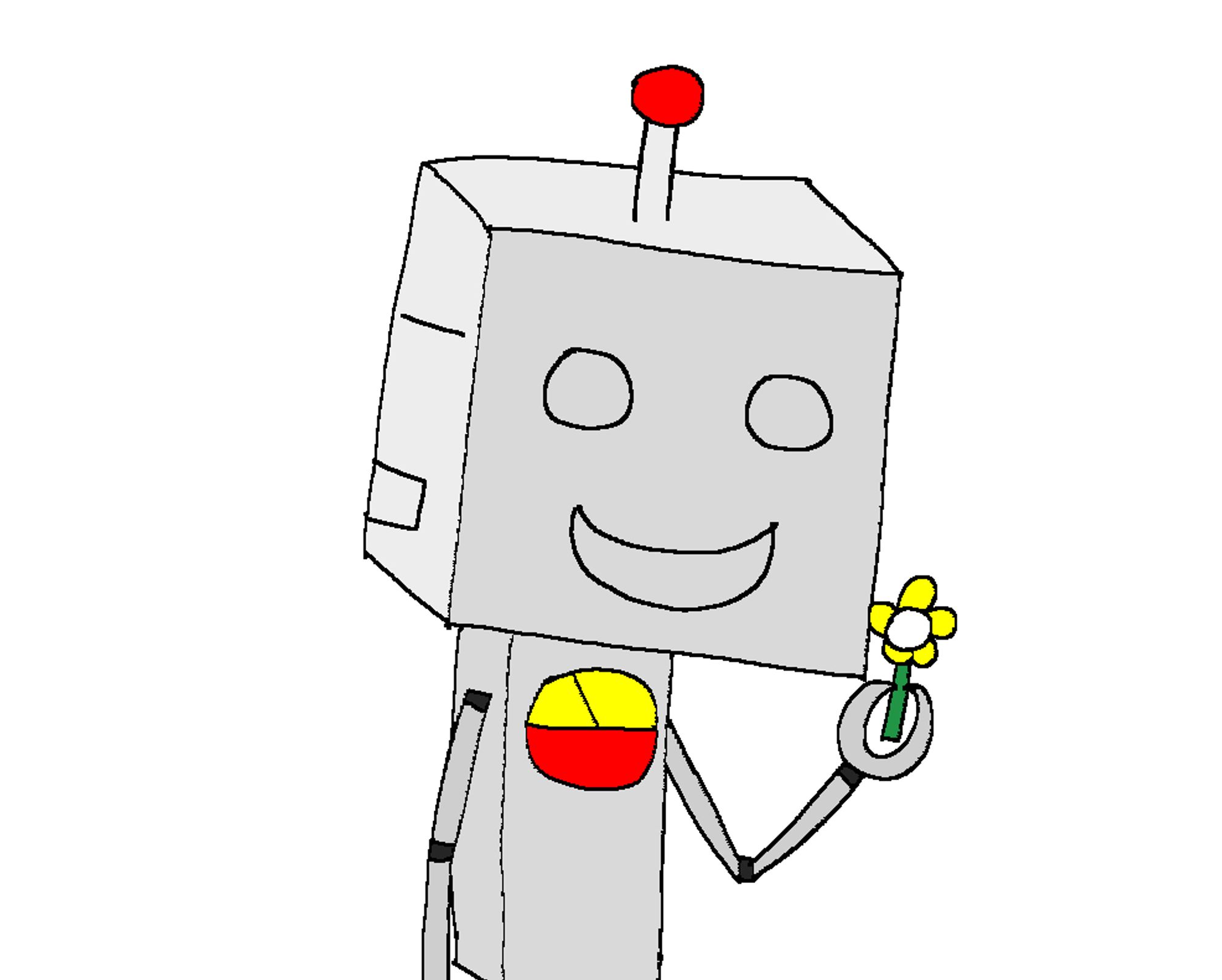 r suzuki - a silver robot with a cube for a head, which has four faces on four sides - looking happily at a flower in his hand