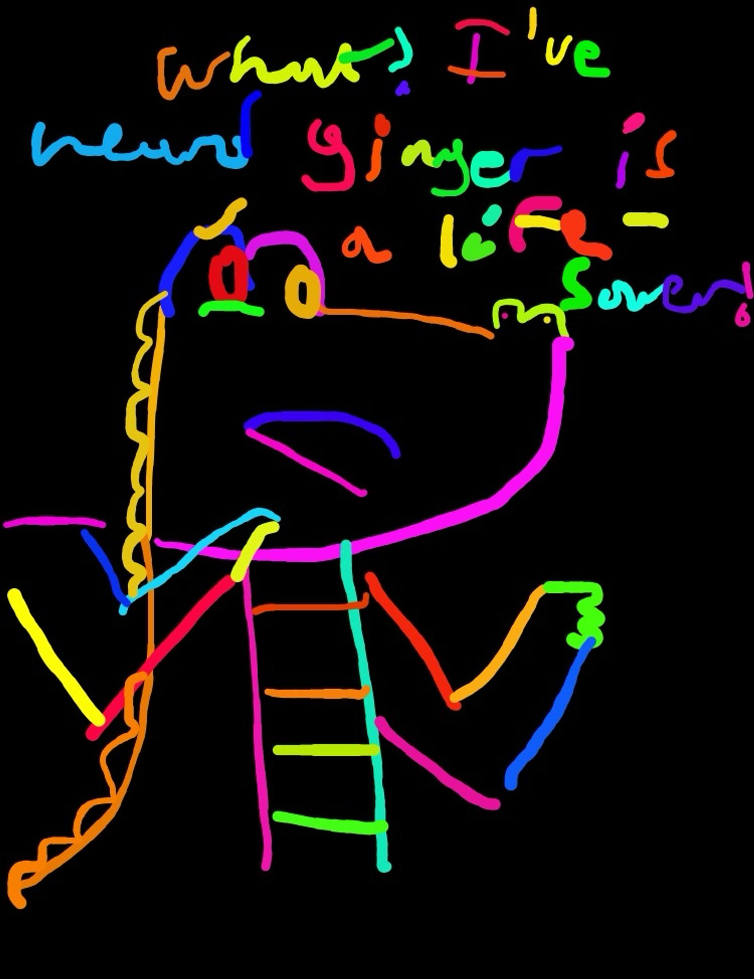 poorly drawn doodle of mango from investigators done in doodlejoy (i.e. every line is a different colour of the rainbow on a black background)

mango shrugs and says "What? I've heard ginger is a life-saver!"