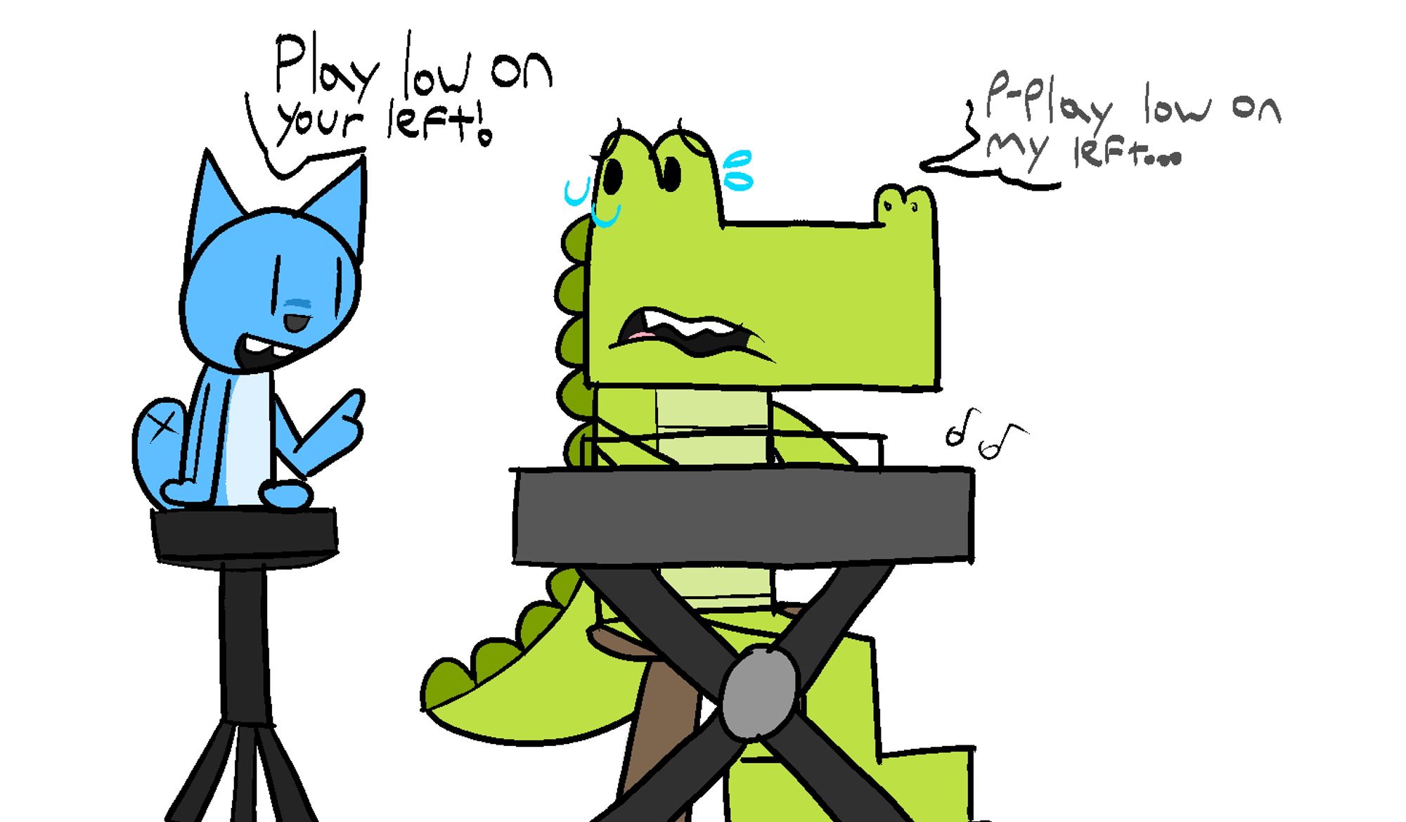 looshkin (the main character from the comic series "looshkin") on the left, sitting on a stool, and brash from investigators playing the keyboard

looshkin tells brash to "Play low on your left!" which brash hesitantly responds with "p-play low on my left...", this dialogue is a direct reference to dropthebassonthestereo/parappa plays funky music by cg5