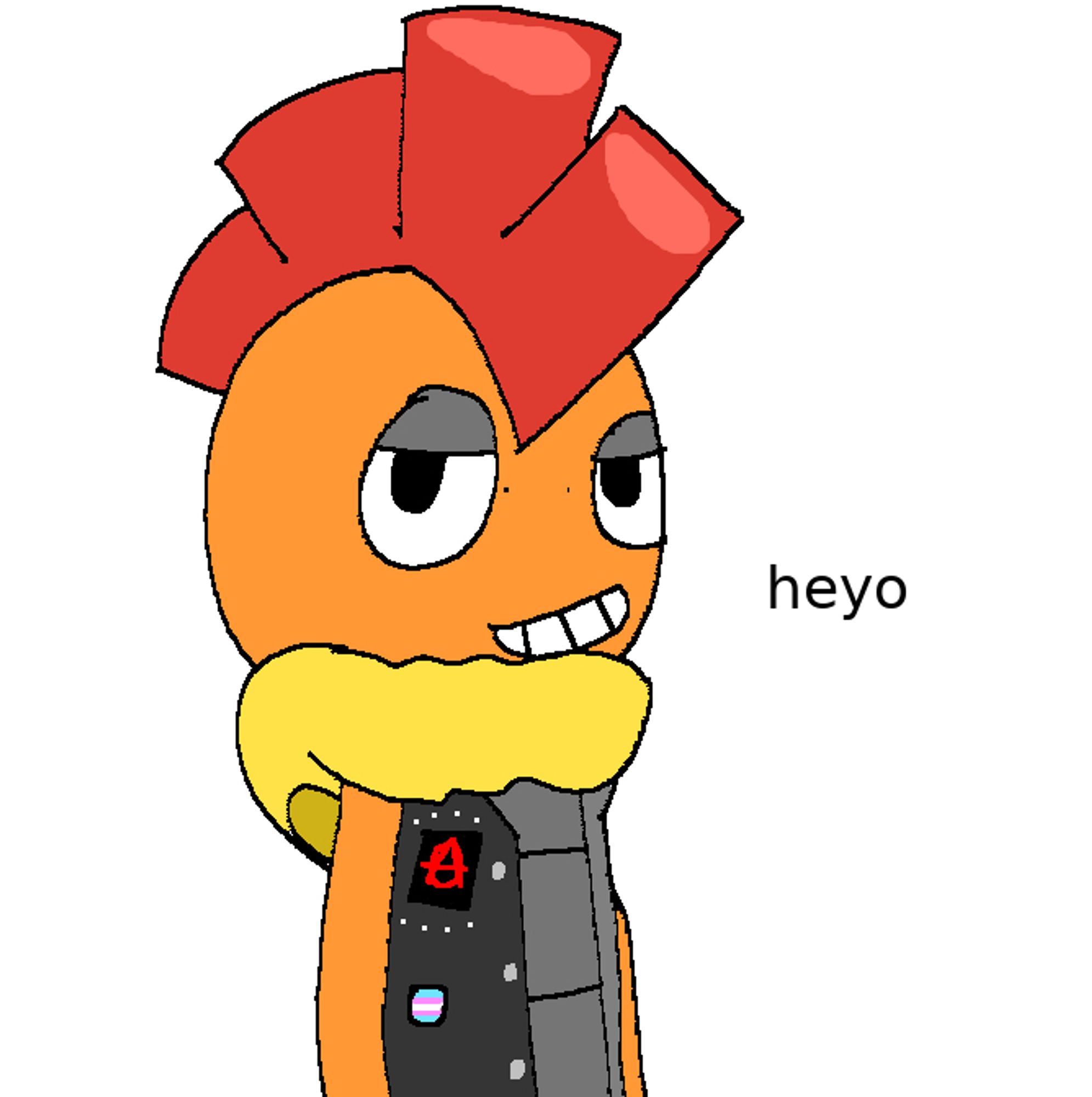 scrafty wearing a grey, unbuttoned denim jacket with studs, an anarchy symbol patch and a trans pride pin