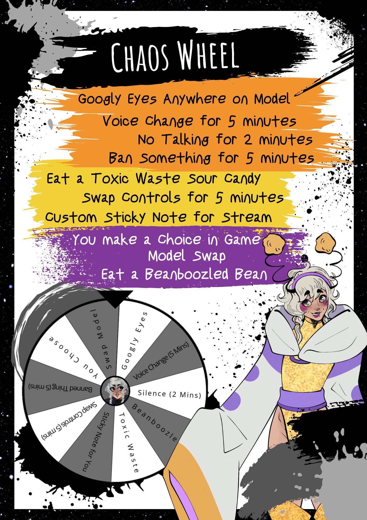 A poster explaining the "Chaos Wheel" previously mentioned. There's 10 different potential outcomes on the wheel ranging from eating a sour candy to not being able to talk.