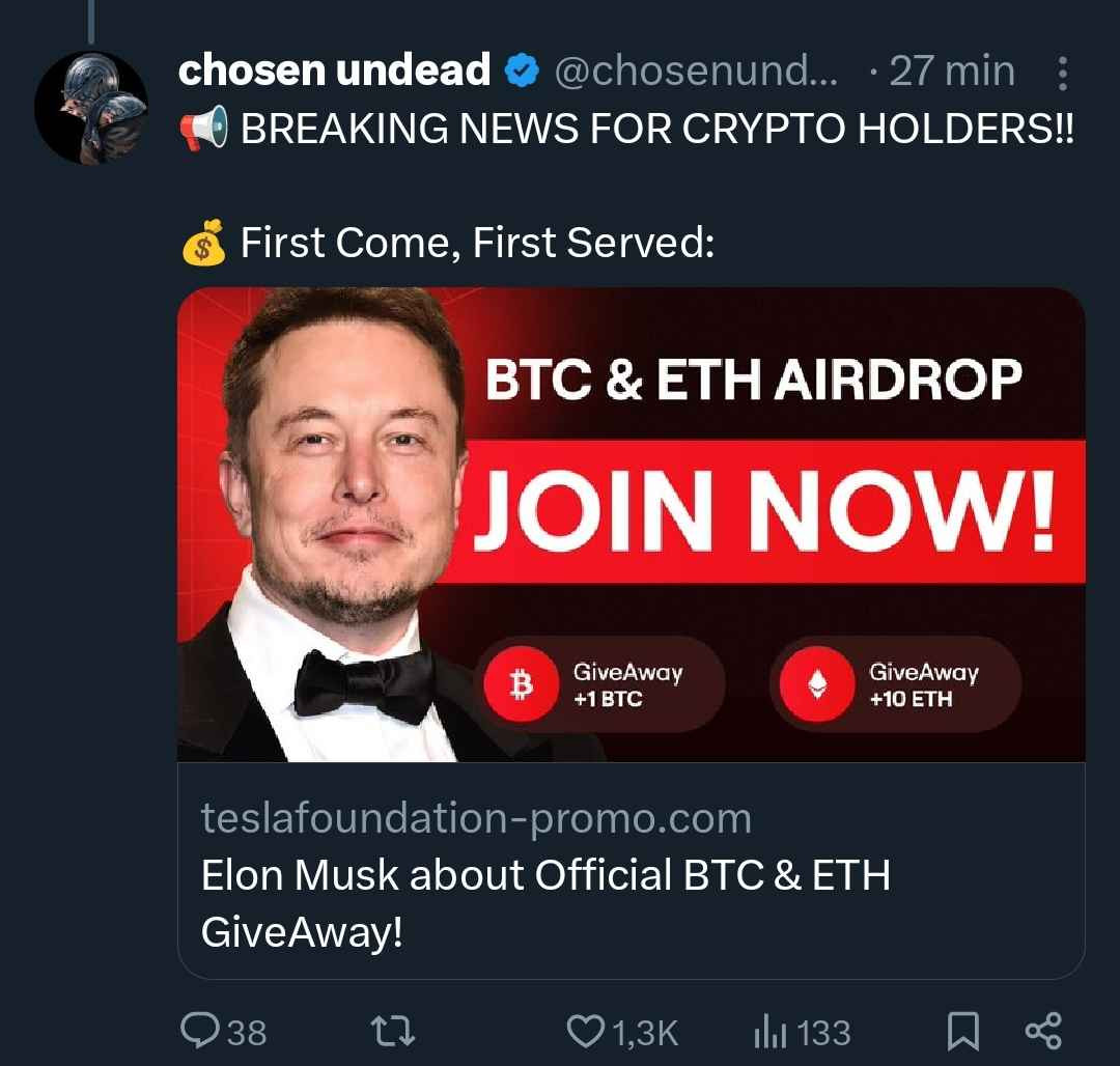 Tweet from "chosen undead"

"BREAKING NEWS FOR CRYPTO HOLDERS!! First Come, First Served:" with a linked article leading to a crypto-scam using Elon Musk and Tesla as a front.