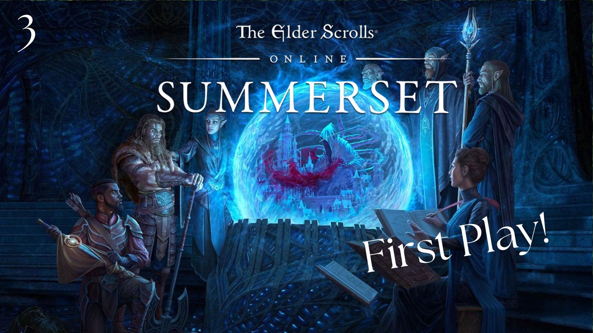 A promo image for the Summerset DLC. The image is a group of characters looking at a strange glowing orb. In the orb is a hooded figure staring at buildings streaked with blood. The game logo sits at the top in the middle of the image. The text, “First Play!” sits at the lower right, with the number 3 at the top left.