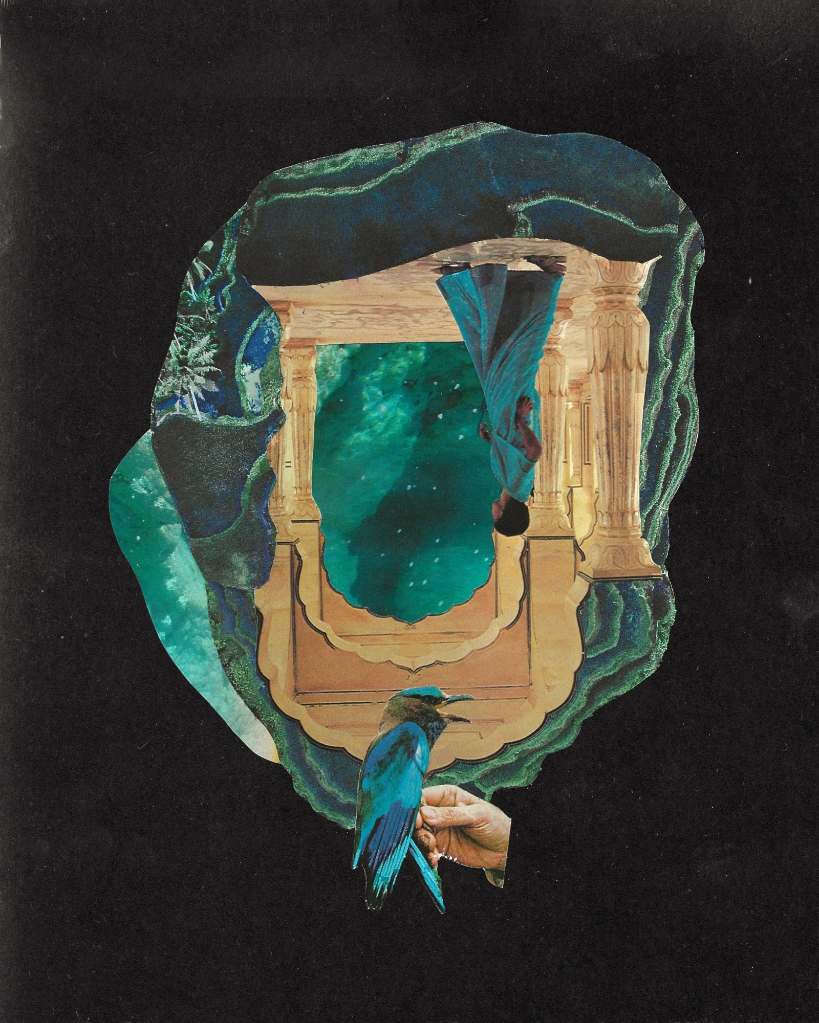 an abstract collage on a dark field; overlapping textures from multiple sources create a shape resembling a geode framing an upside-down, ancient doorway, with a woman looking through it to one side. At the bottom is bird perched on a disembodied hand.